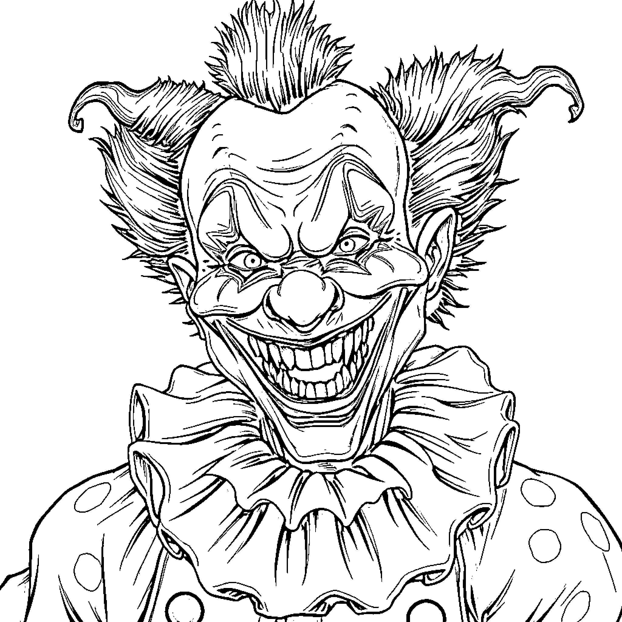 Clown with Menacing Expression and Wild Hairstyle Coloring Page (free black-and-white line drawing printable PDF for all, from beginners to advanced learners, including children, teens, adults, and seniors)