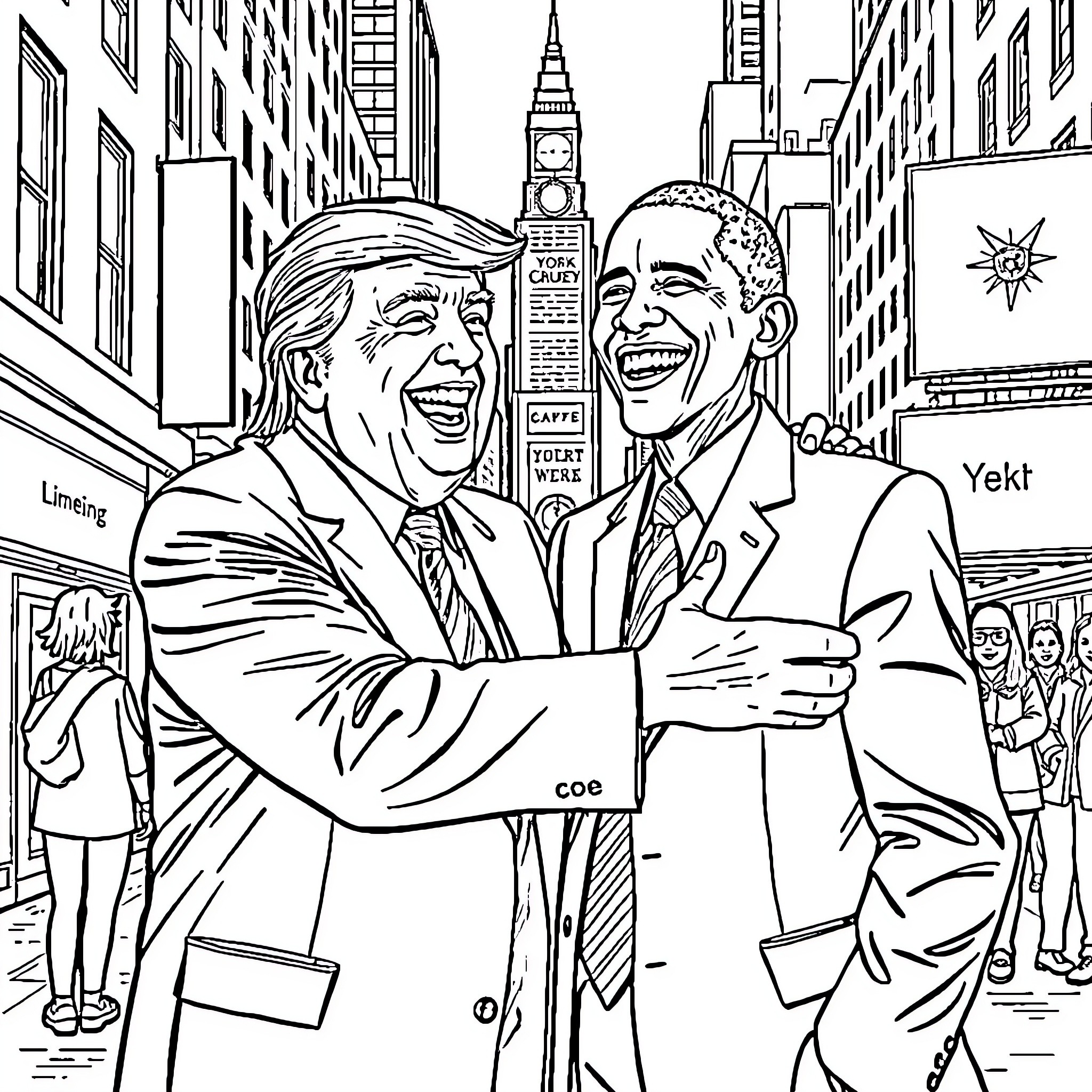 Donald Trump and Barack Obama embrace in New York City Coloring Page (free black-and-white line drawing printable PDF for all, from beginners to advanced learners, including children, teens, adults, and seniors)
