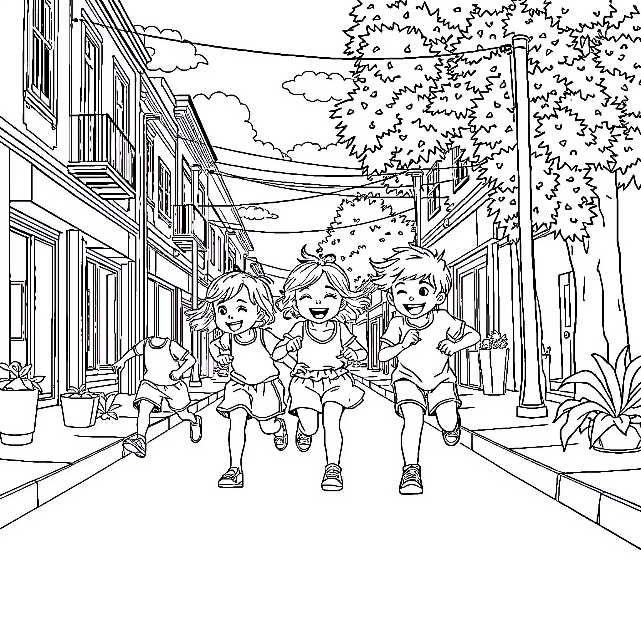Kid friends exploring town on a sunny day Coloring Page (free black-and-white line drawing printable PDF for all, from beginners to advanced learners, including children, teens, adults, and seniors)