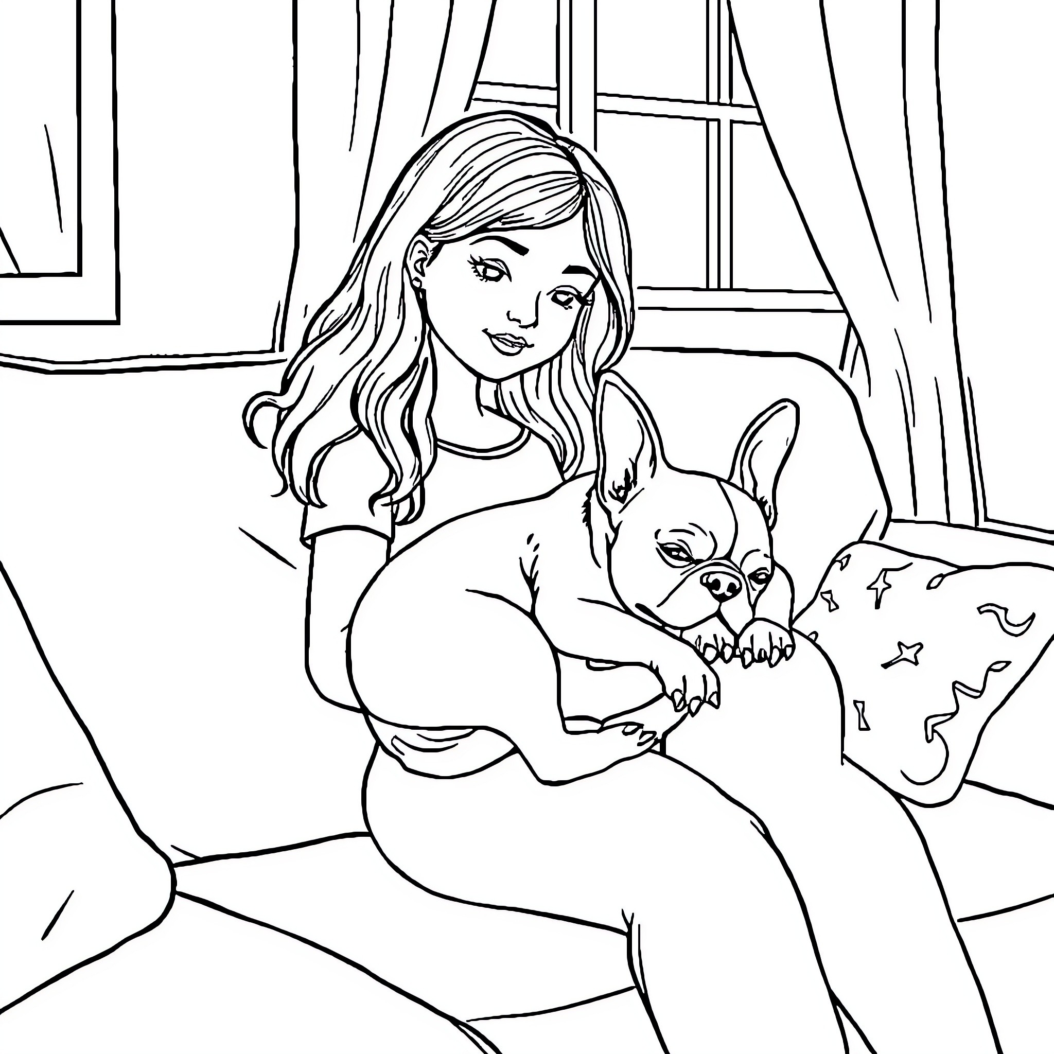 Girl cuddling with her pet in the home Coloring Page (free black-and-white line drawing printable PDF for all, from beginners to advanced learners, including children, teens, adults, and seniors)