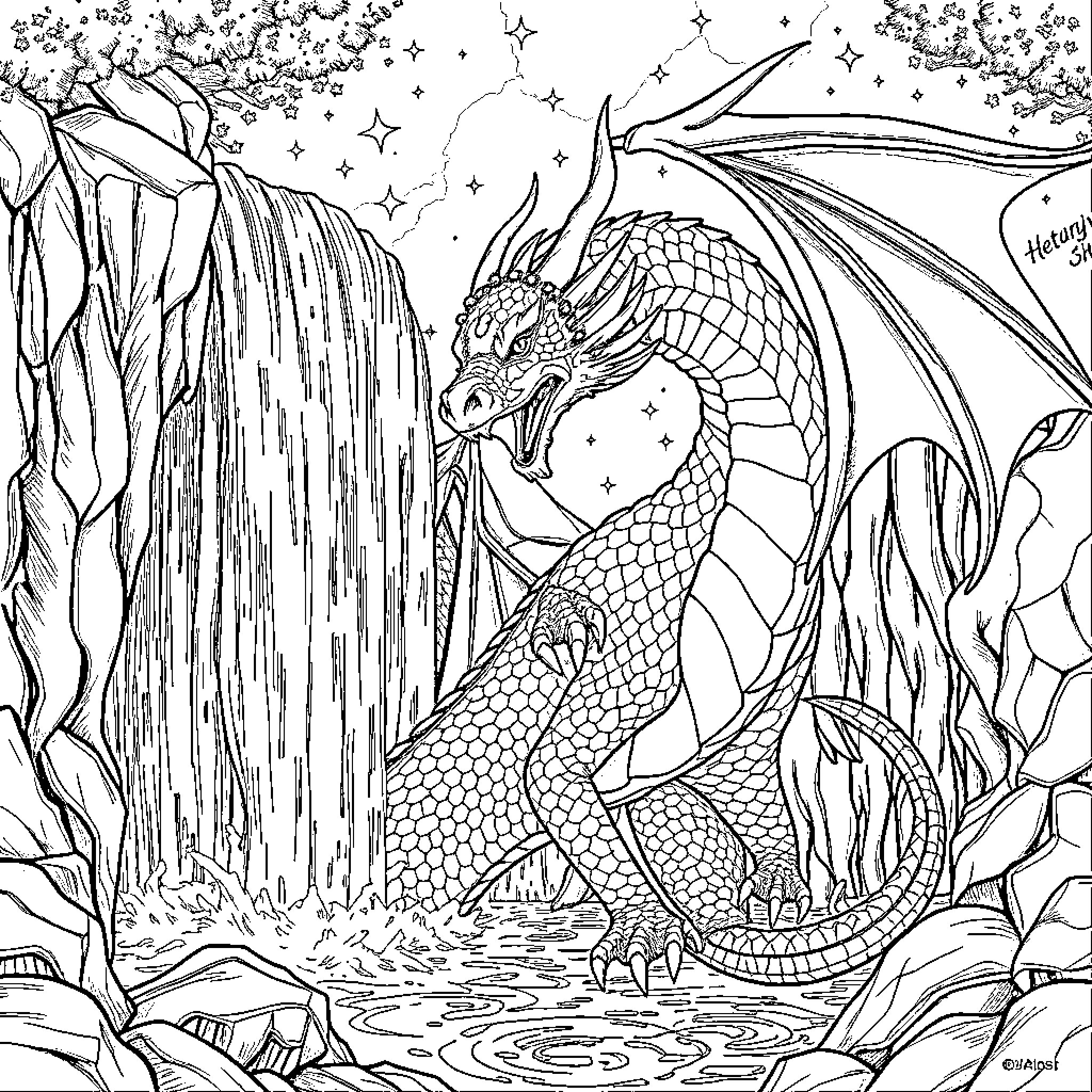 Dragon soaring over a majestic waterfall and starry night Coloring Page (free black-and-white line drawing printable PDF for all, from beginners to advanced learners, including children, teens, adults, and seniors)