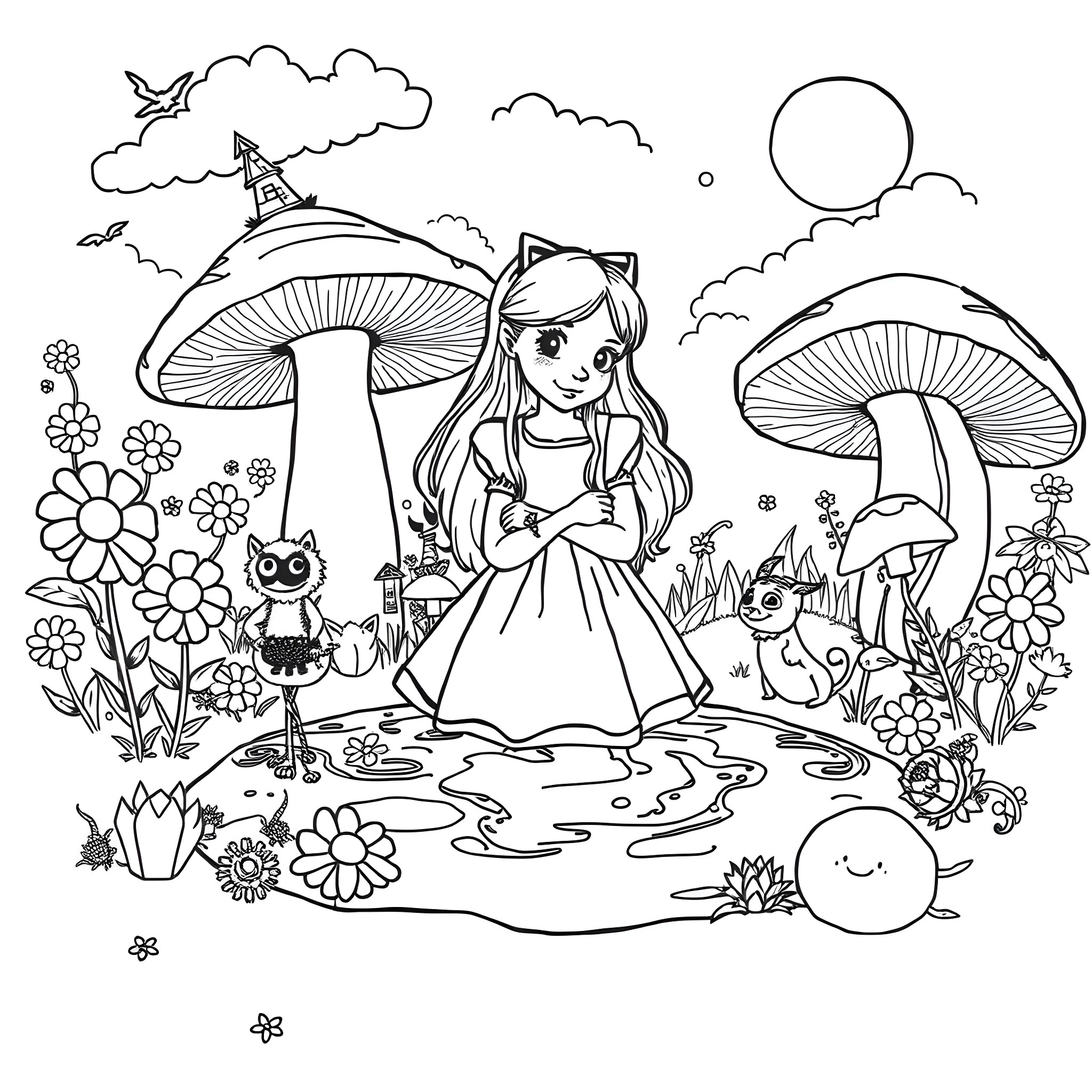Alice's Whimsical Adventure in the Mushroom Forest Coloring Page (free black-and-white line drawing printable PDF for all, from beginners to advanced learners, including children, teens, adults, and seniors)