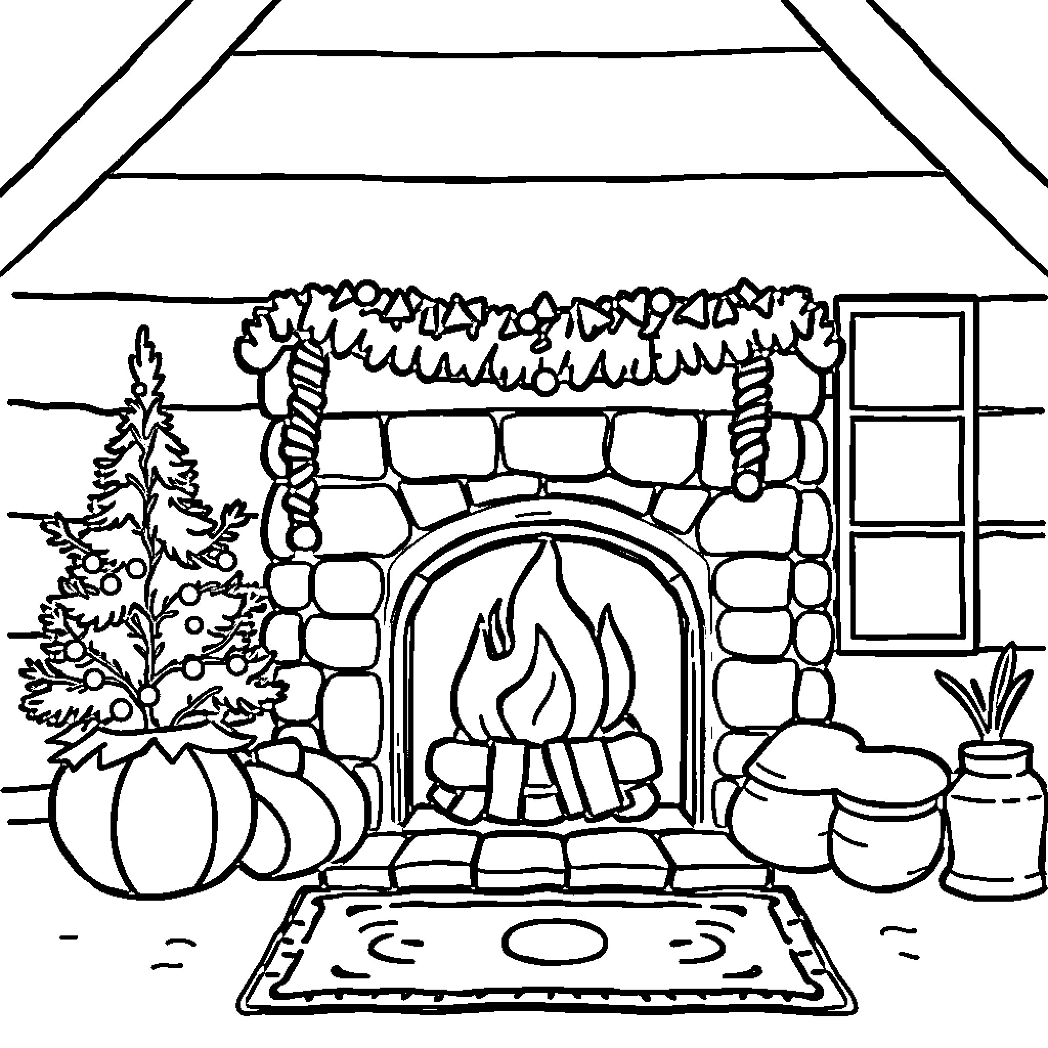 Fireplace with cozy winter decorations Coloring Page (free black-and-white line drawing printable PDF for all, from beginners to advanced learners, including children, teens, adults, and seniors)