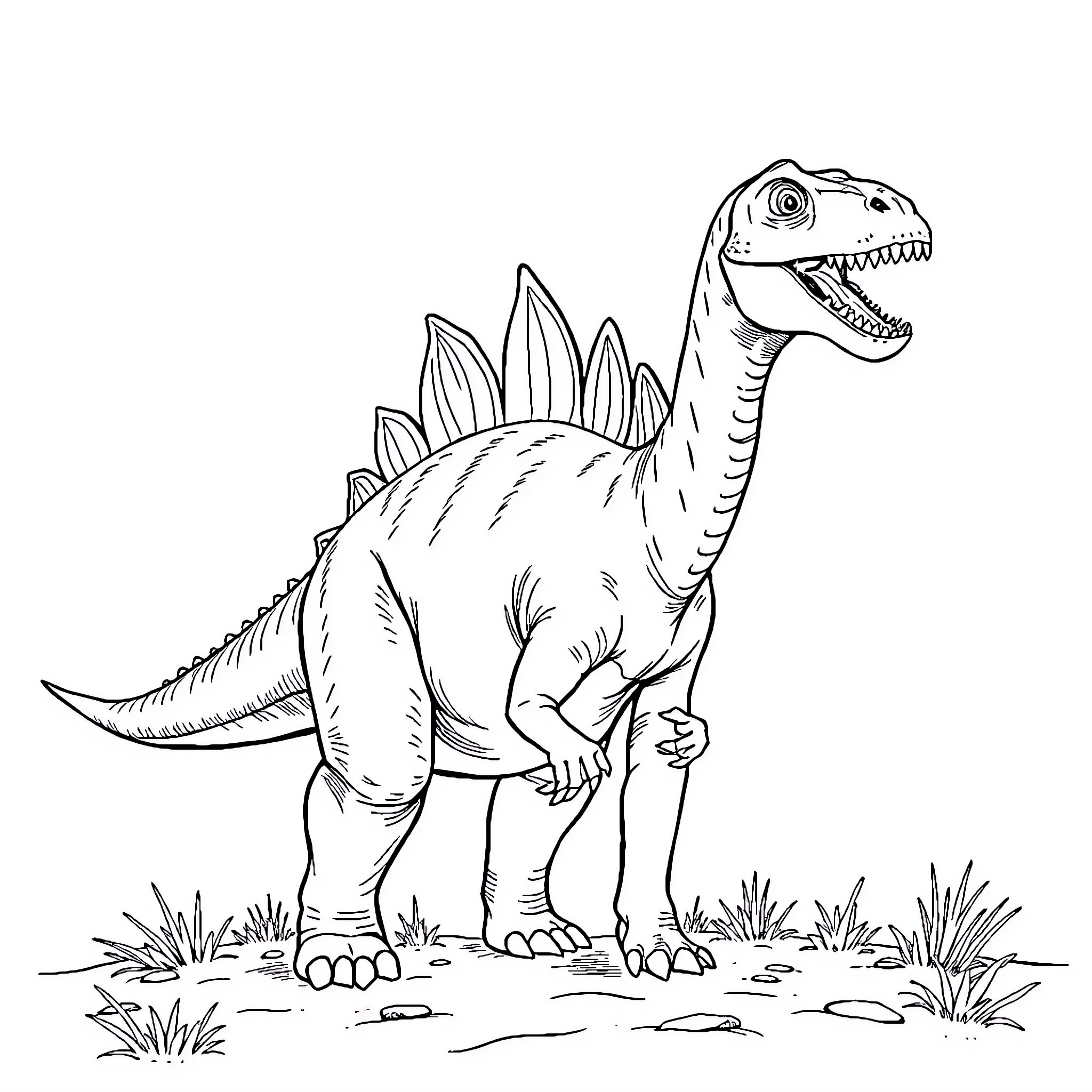 Spinosaurus prehistoric creature in the wilderness Coloring Page (free black-and-white line drawing printable PDF for all, from beginners to advanced learners, including children, teens, adults, and seniors)