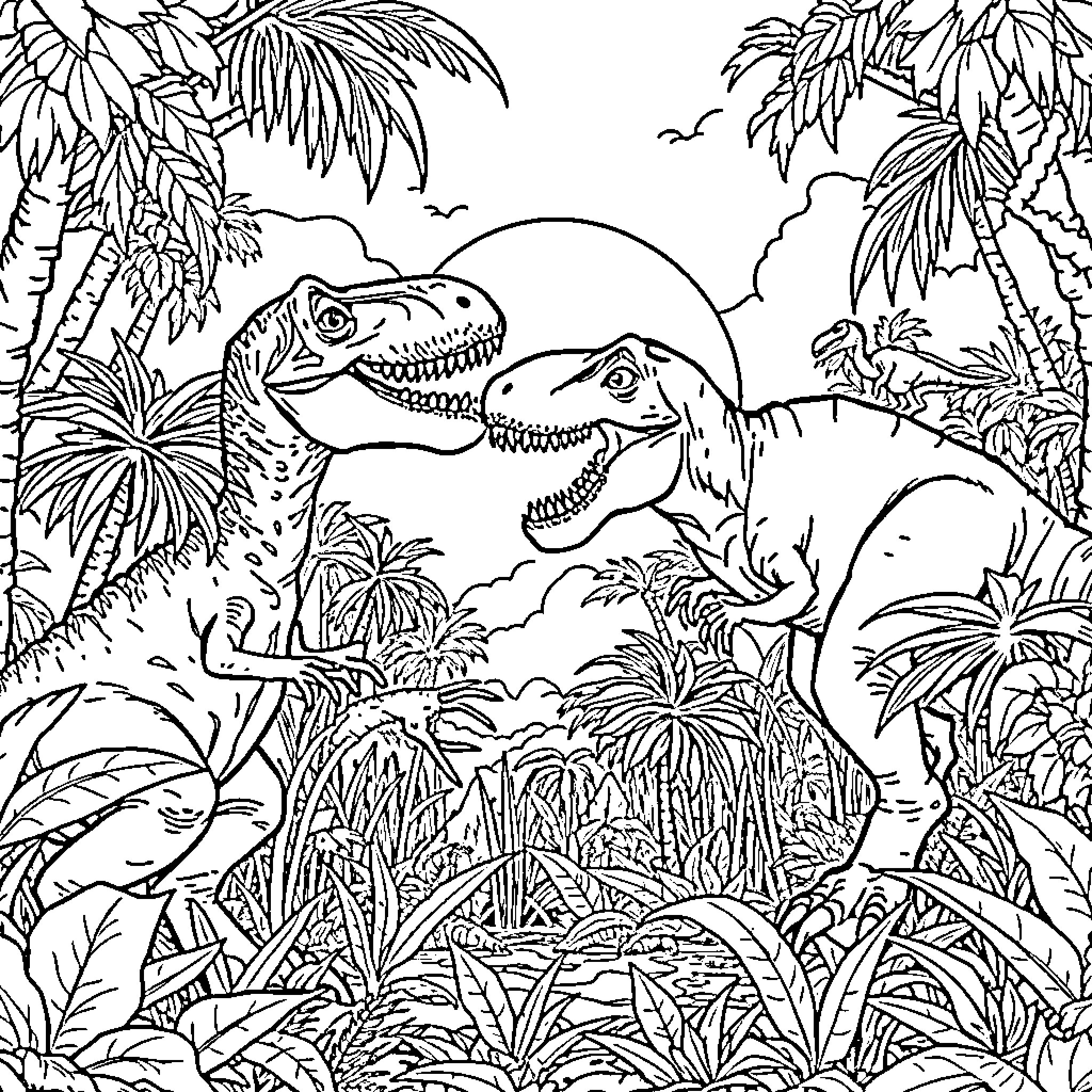 Velociraptor Duo Roaming Prehistoric Landscape Coloring Page (free black-and-white line drawing printable PDF for all, from beginners to advanced learners, including children, teens, adults, and seniors)