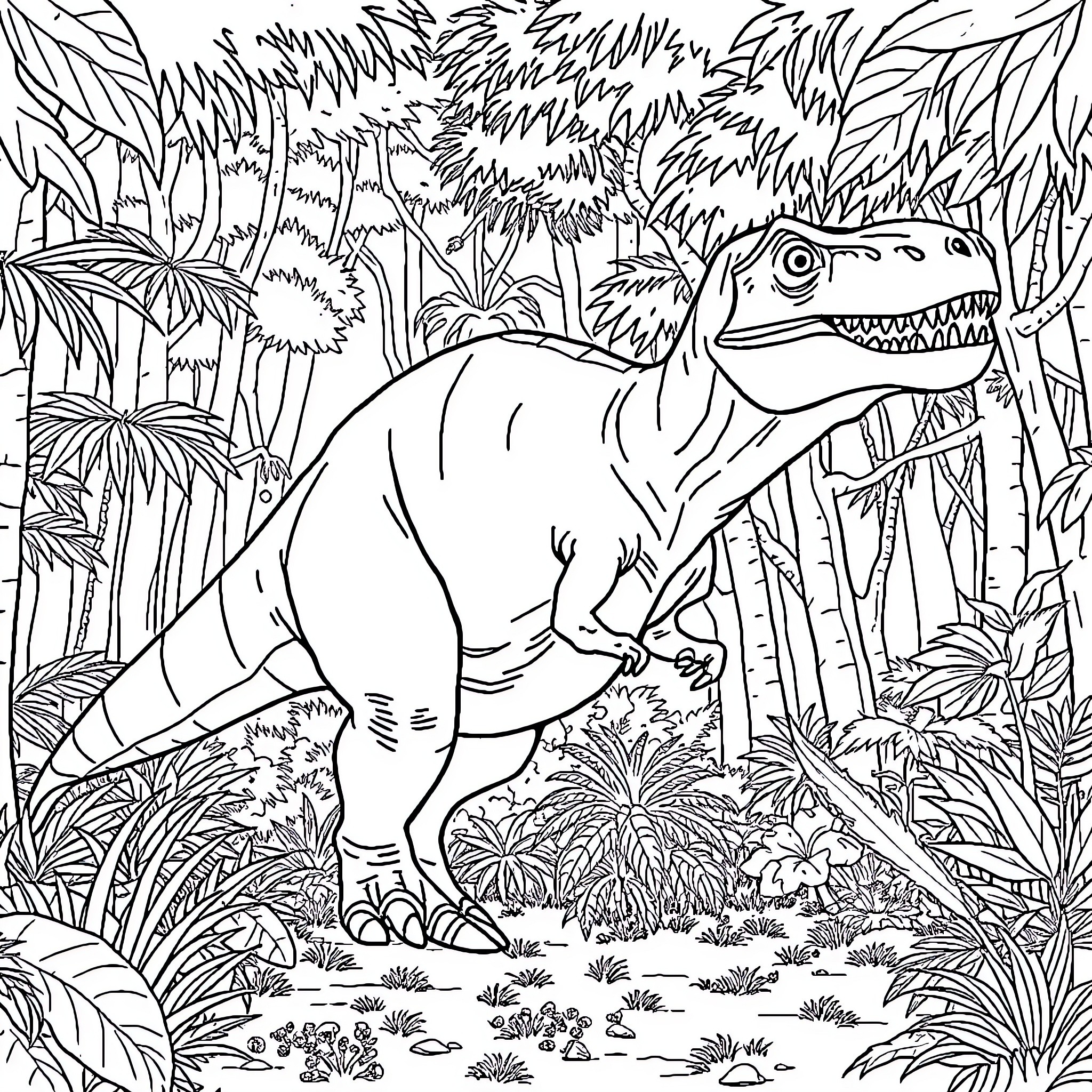 Dinosaur exploring lush forest habitat Coloring Page (free black-and-white line drawing printable PDF for all, from beginners to advanced learners, including children, teens, adults, and seniors)