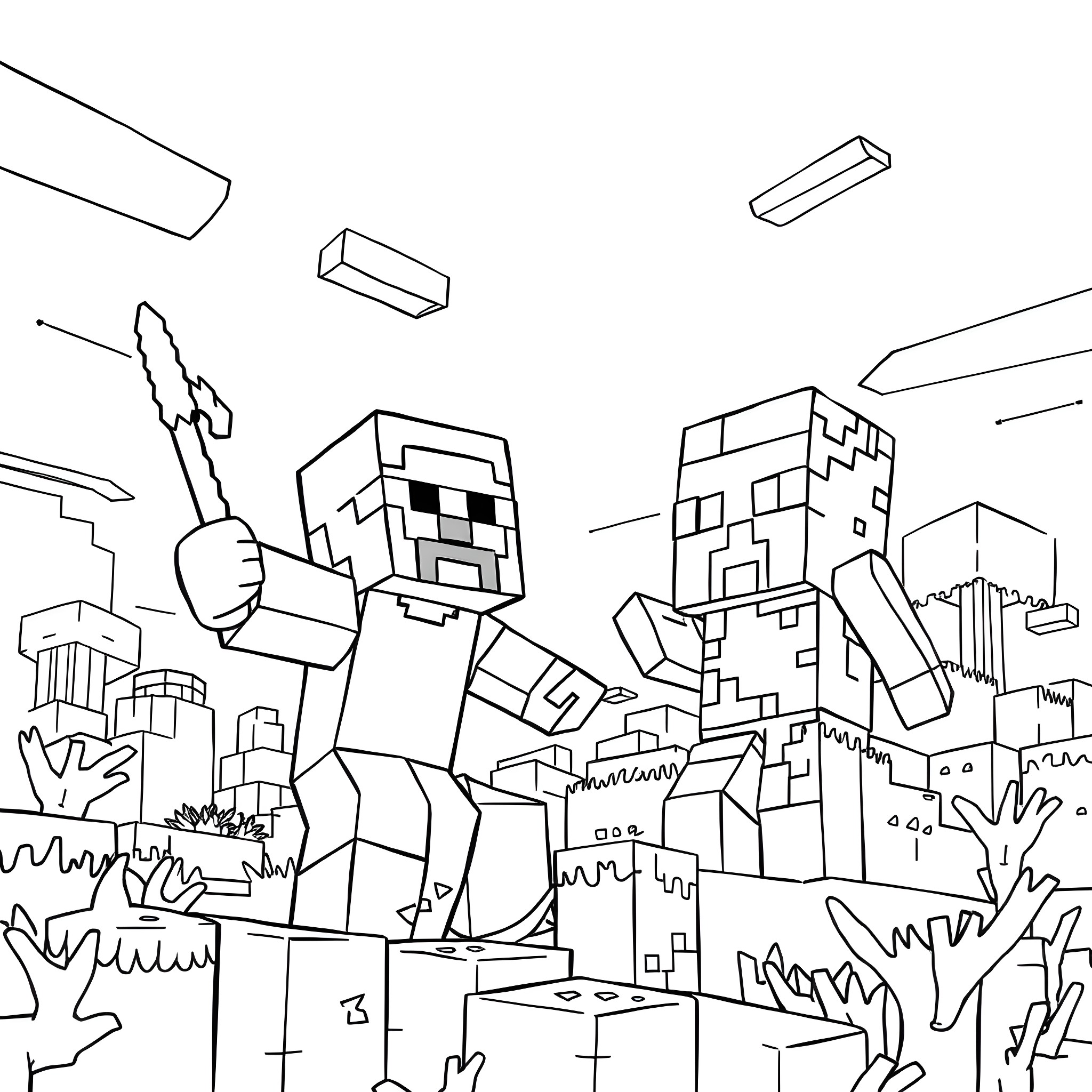 Minecraft Character Exploring a Blocky Landscape Coloring Page (free black-and-white line drawing printable PDF for all, from beginners to advanced learners, including children, teens, adults, and seniors)