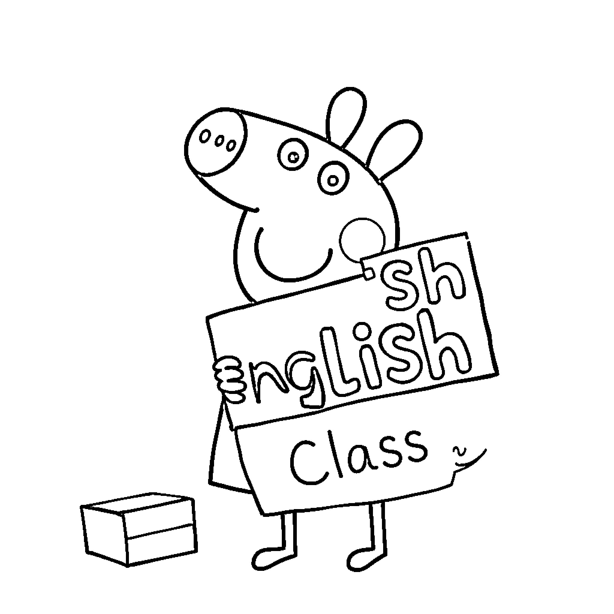Peppa Pig holds English class sign Coloring Page (free black-and-white line drawing printable PDF for all, from beginners to advanced learners, including children, teens, adults, and seniors)