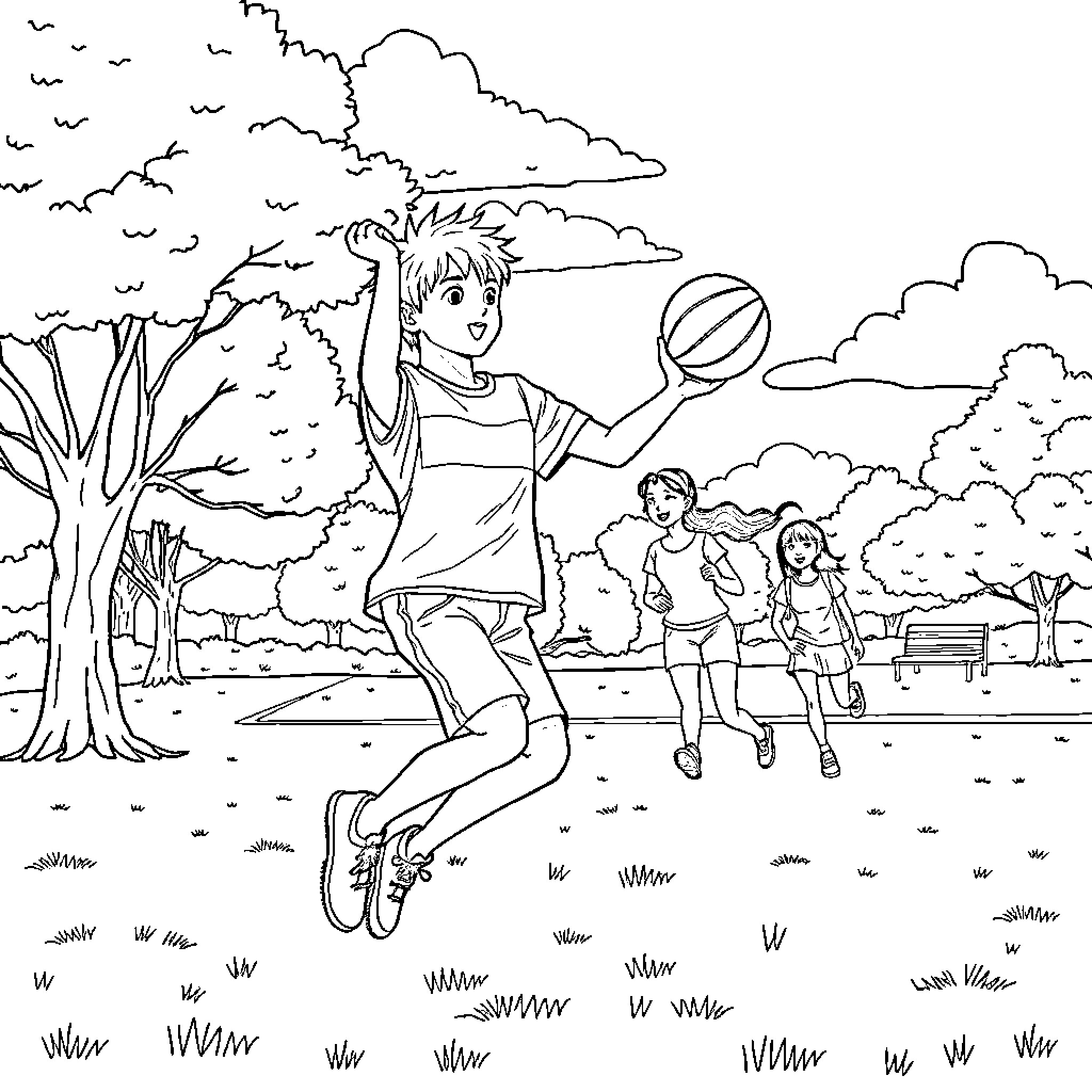 Desmond's Outdoor Adventure with Friends Coloring Page (free black-and-white line drawing printable PDF for all, from beginners to advanced learners, including children, teens, adults, and seniors)