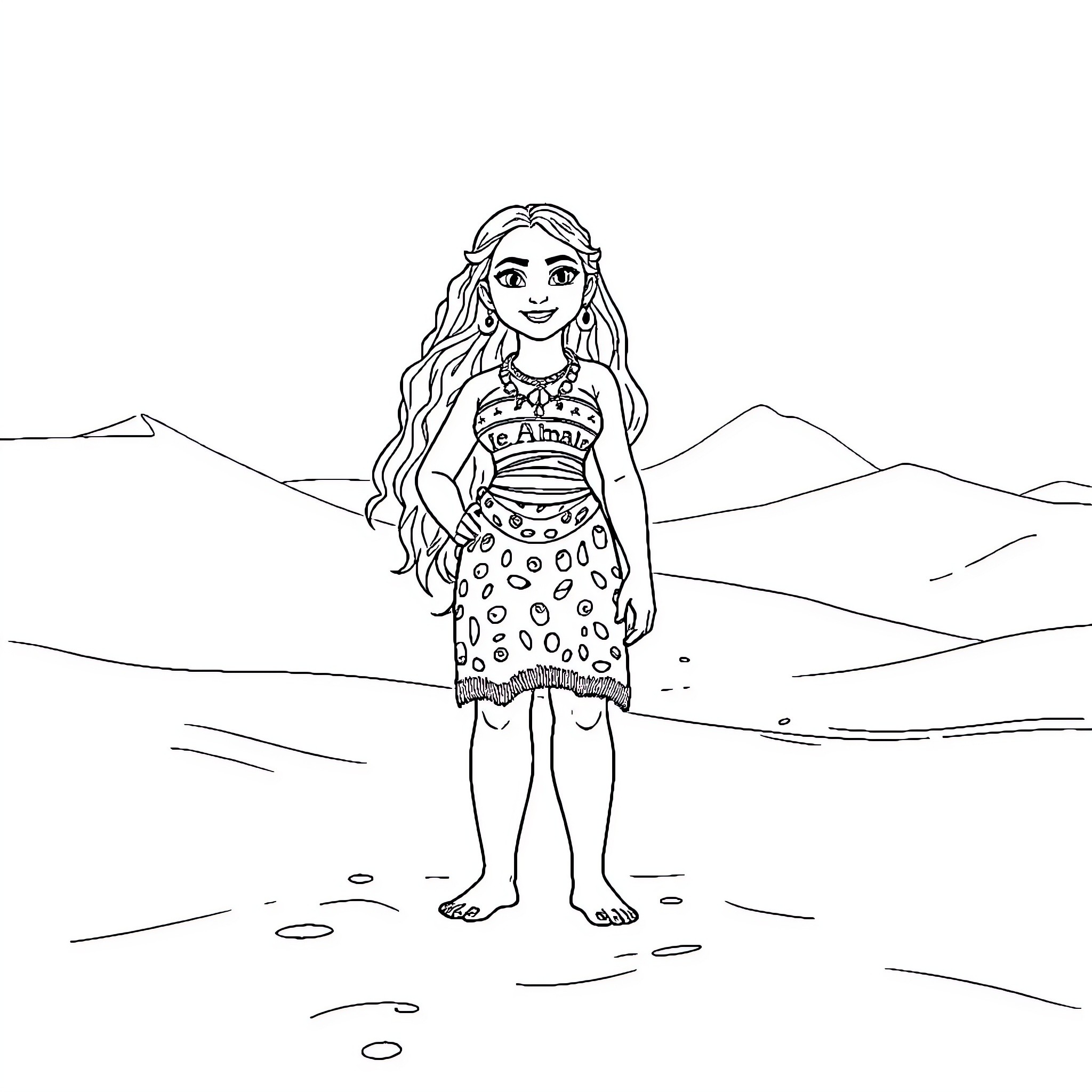 Moana standing confidently in a natural setting Coloring Page (free black-and-white line drawing printable PDF for all, from beginners to advanced learners, including children, teens, adults, and seniors)