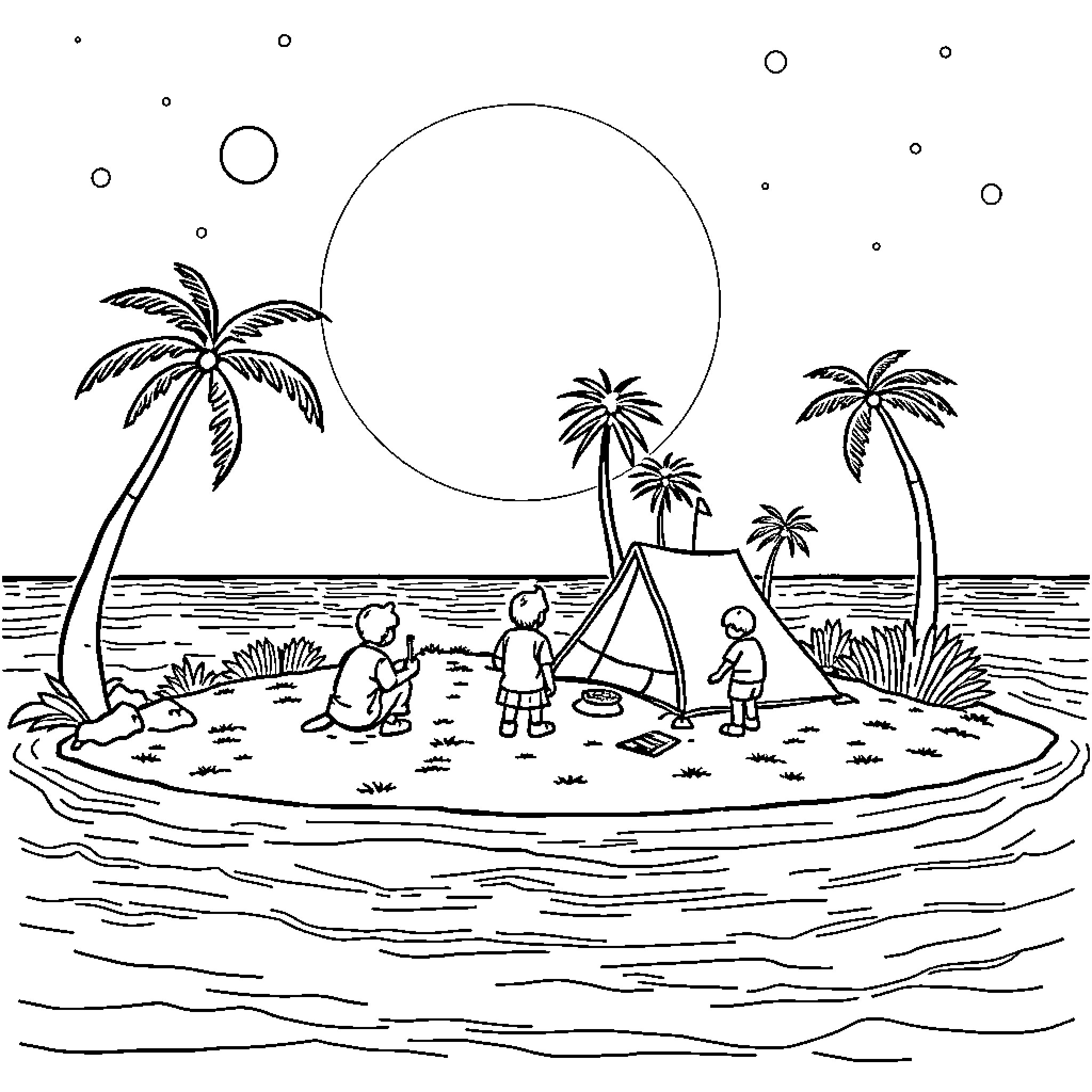 Joey's Tropical Camping Adventure Coloring Page (free black-and-white line drawing printable PDF for all, from beginners to advanced learners, including children, teens, adults, and seniors)
