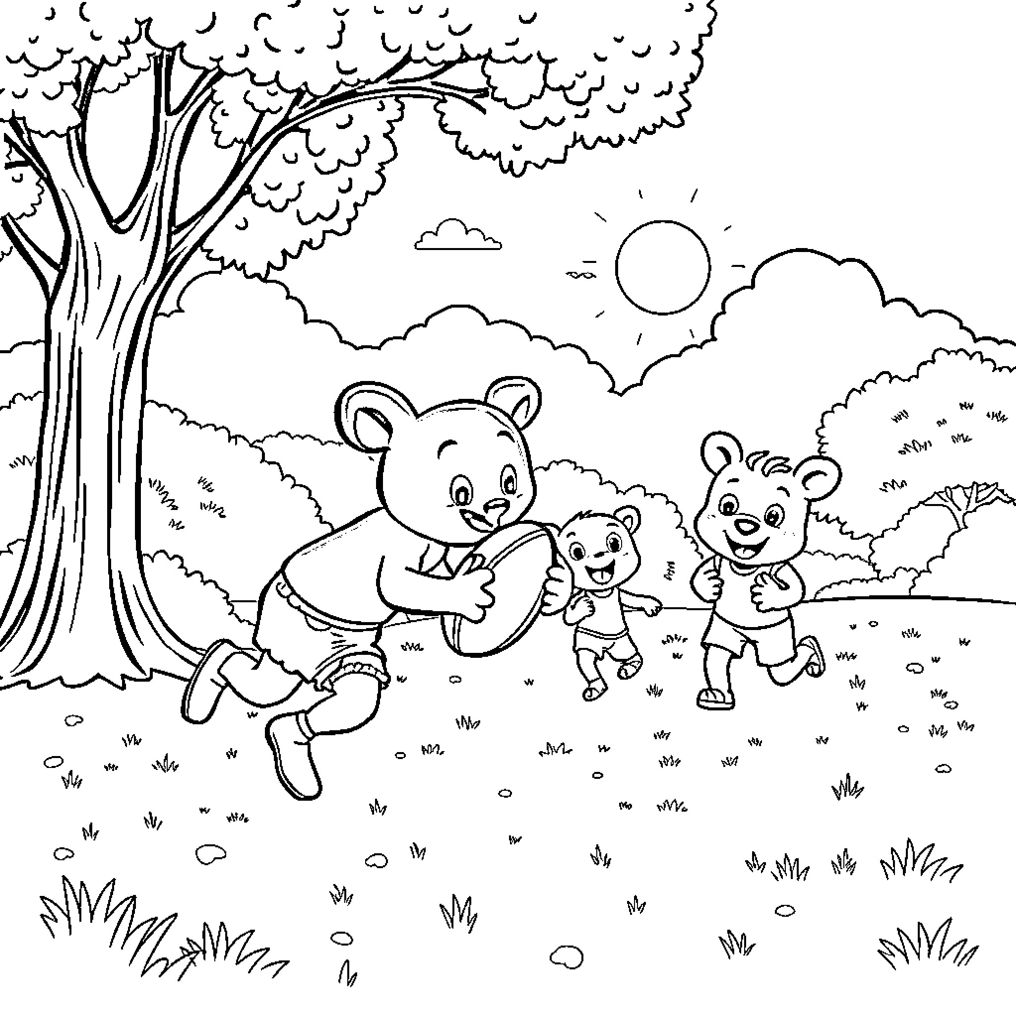 Bluey and Friends Exploring the Outdoors Coloring Page (free black-and-white line drawing printable PDF for all, from beginners to advanced learners, including children, teens, adults, and seniors)