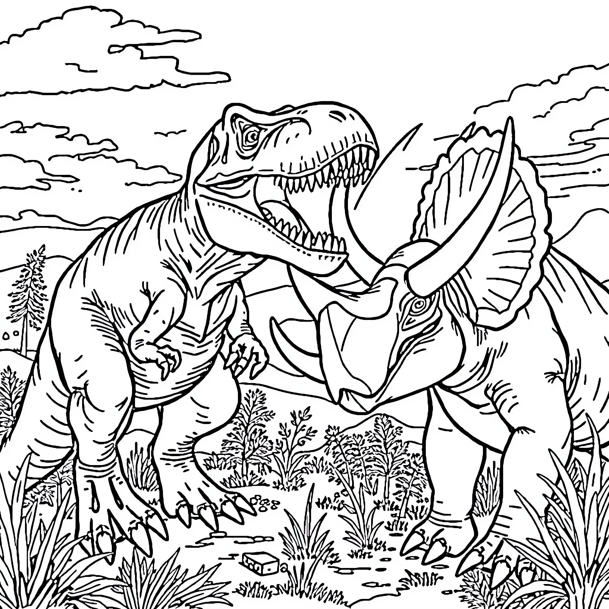 Dinosaur roaring ferociously in the wild landscape Coloring Page (free black-and-white line drawing printable PDF for all, from beginners to advanced learners, including children, teens, adults, and seniors)