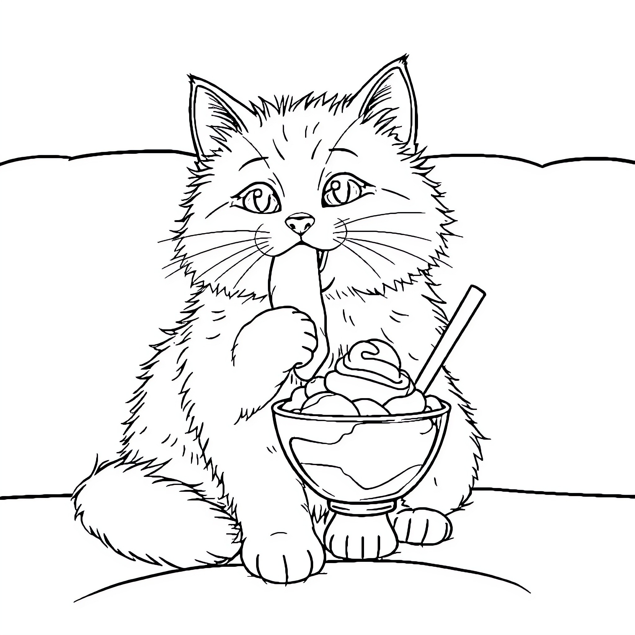 Cat Enjoying a Tasty Treat Coloring Page (free black-and-white line drawing printable PDF for all, from beginners to advanced learners, including children, teens, adults, and seniors)