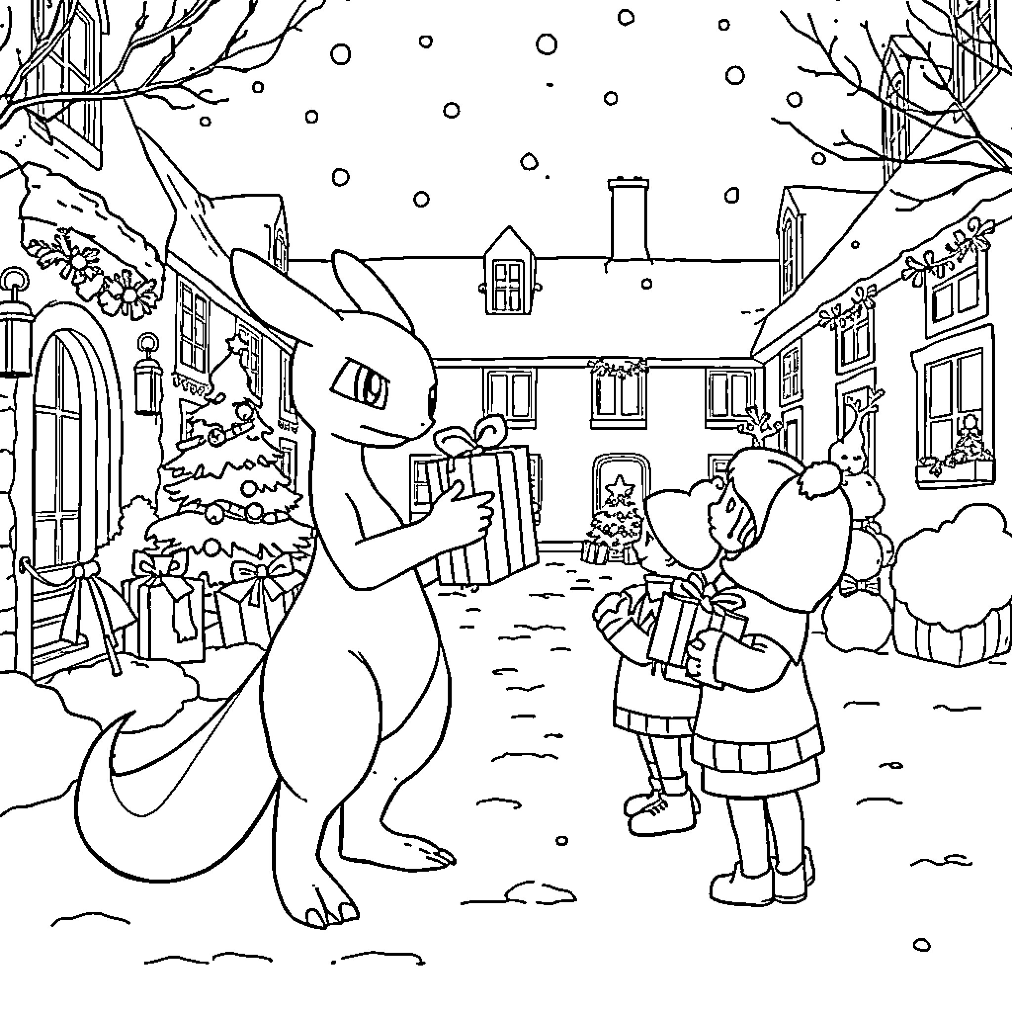 Mewtwo sharing holiday gifts with children Coloring Page (free black-and-white line drawing printable PDF for all, from beginners to advanced learners, including children, teens, adults, and seniors)