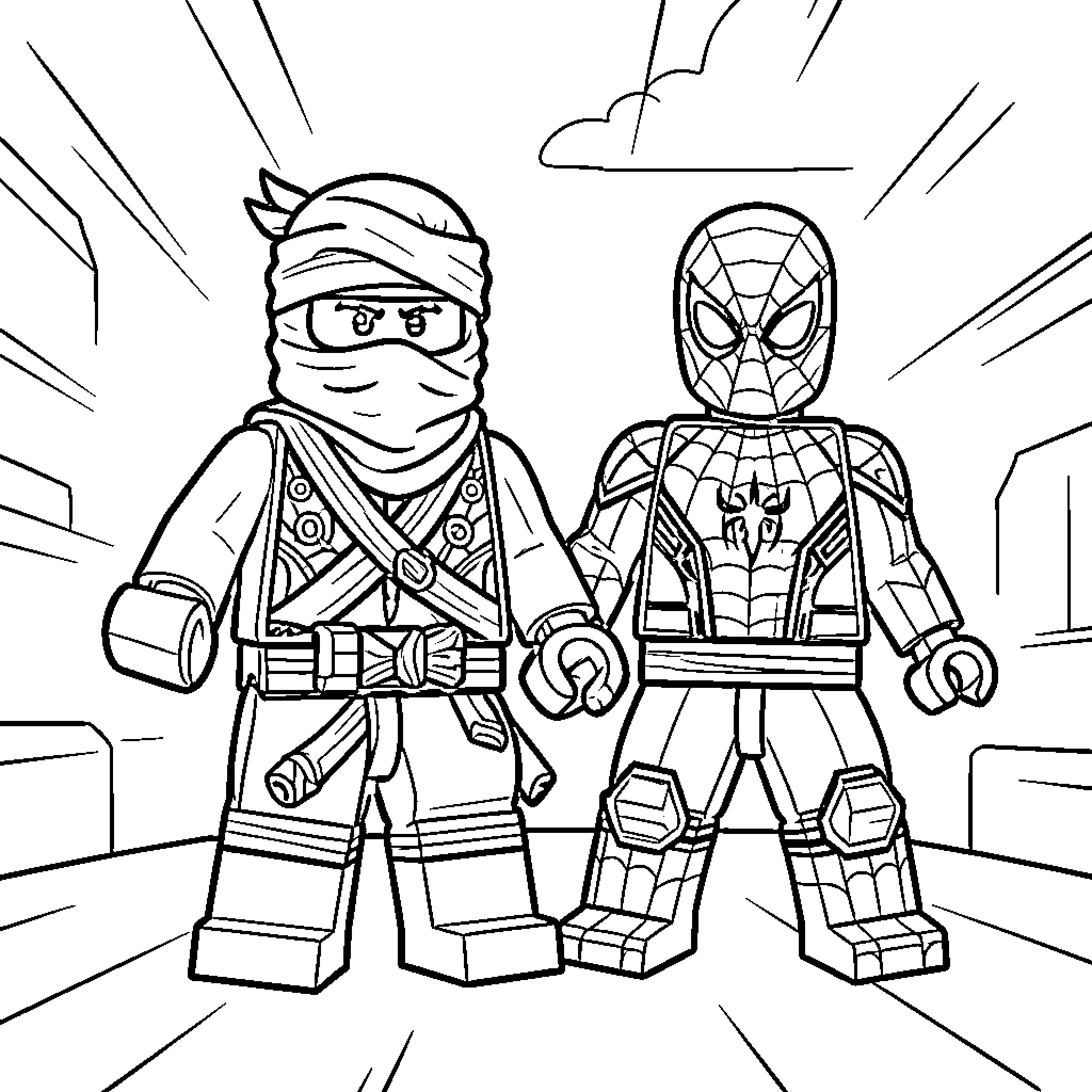 Lego Ninjago ninja standing heroically beside a superhero Coloring Page (free black-and-white line drawing printable PDF for all, from beginners to advanced learners, including children, teens, adults, and seniors)