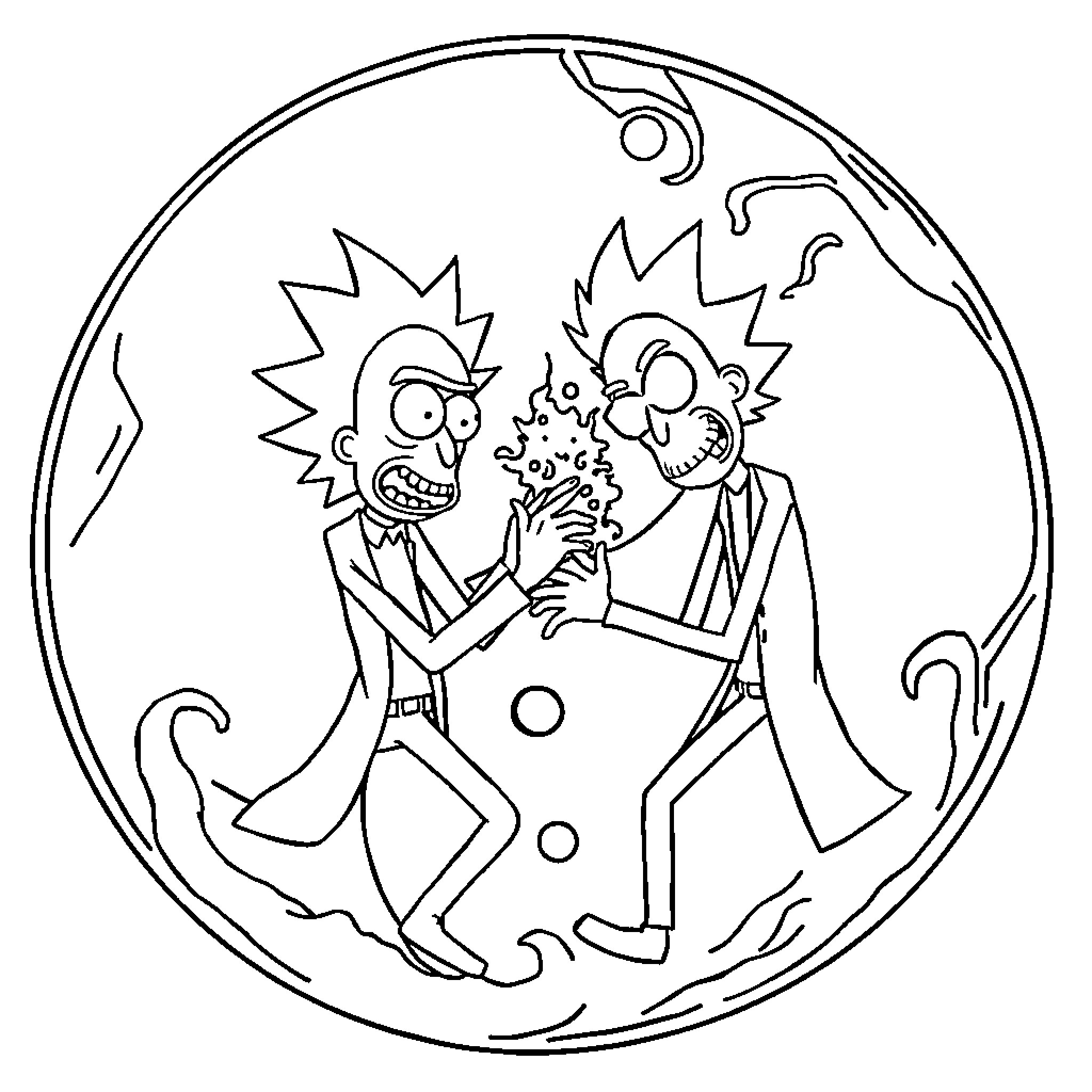 Rick's wild and wacky scientific experiment Coloring Page (free black-and-white line drawing printable PDF for all, from beginners to advanced learners, including children, teens, adults, and seniors)