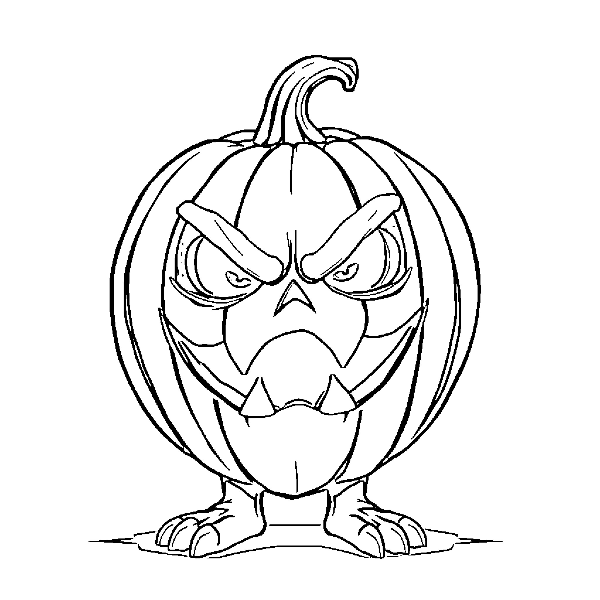 Pumpkin with an angry expression Coloring Page (free black-and-white line drawing printable PDF for all, from beginners to advanced learners, including children, teens, adults, and seniors)
