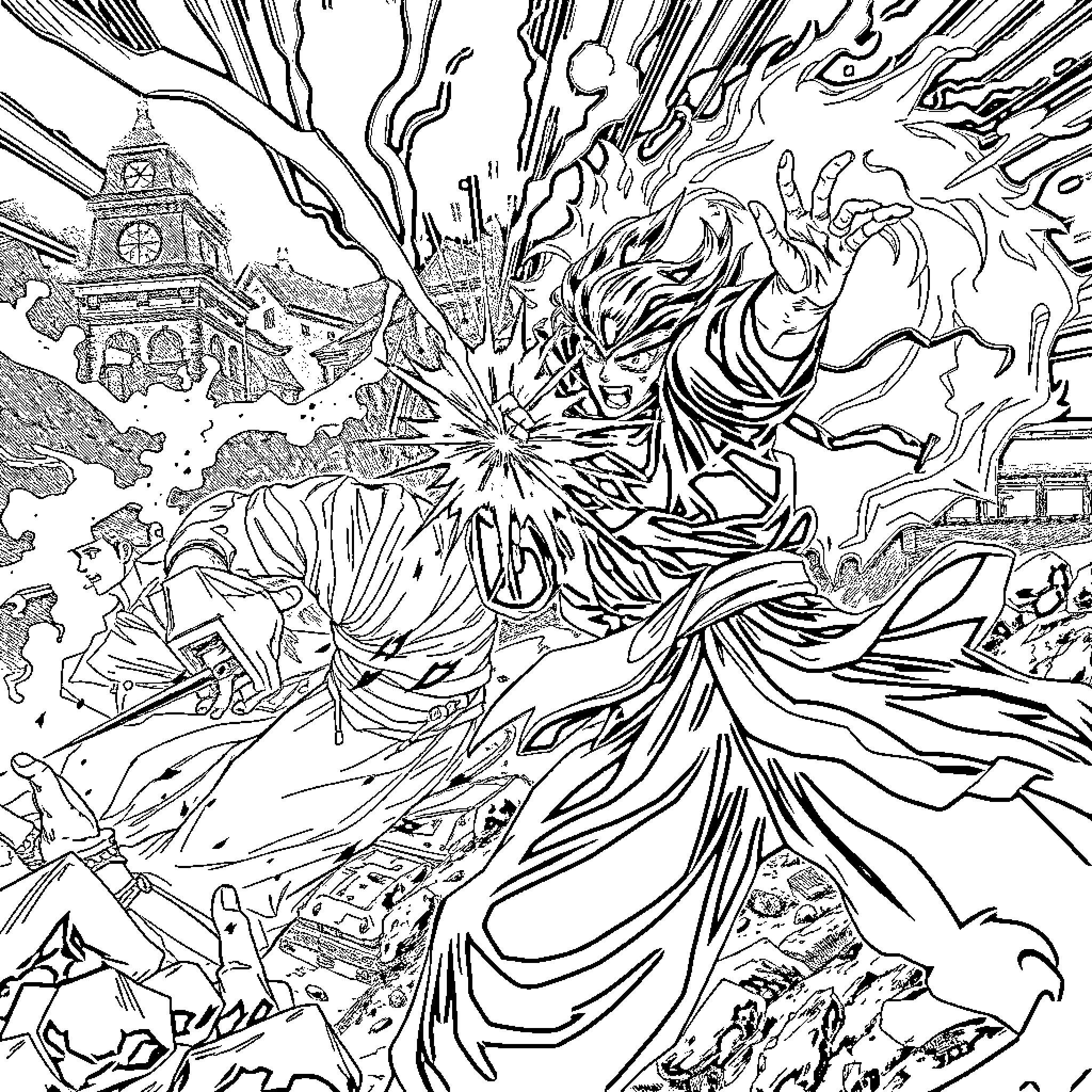 Satoru Gojo's Powerful Ethereal Manifestation Coloring Page (free black-and-white line drawing printable PDF for all, from beginners to advanced learners, including children, teens, adults, and seniors)