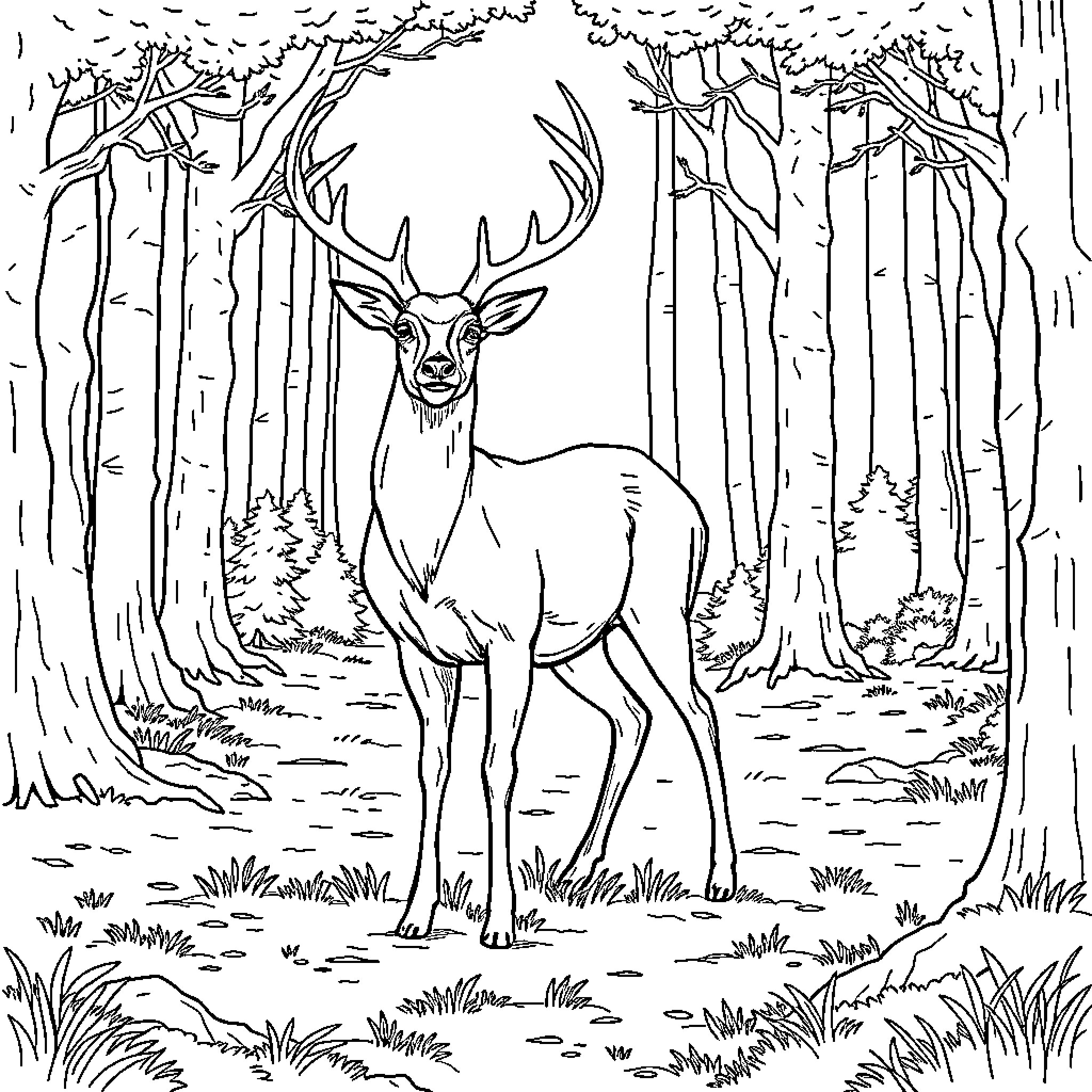 Deer standing amidst the forest Coloring Page (free black-and-white line drawing printable PDF for all, from beginners to advanced learners, including children, teens, adults, and seniors)