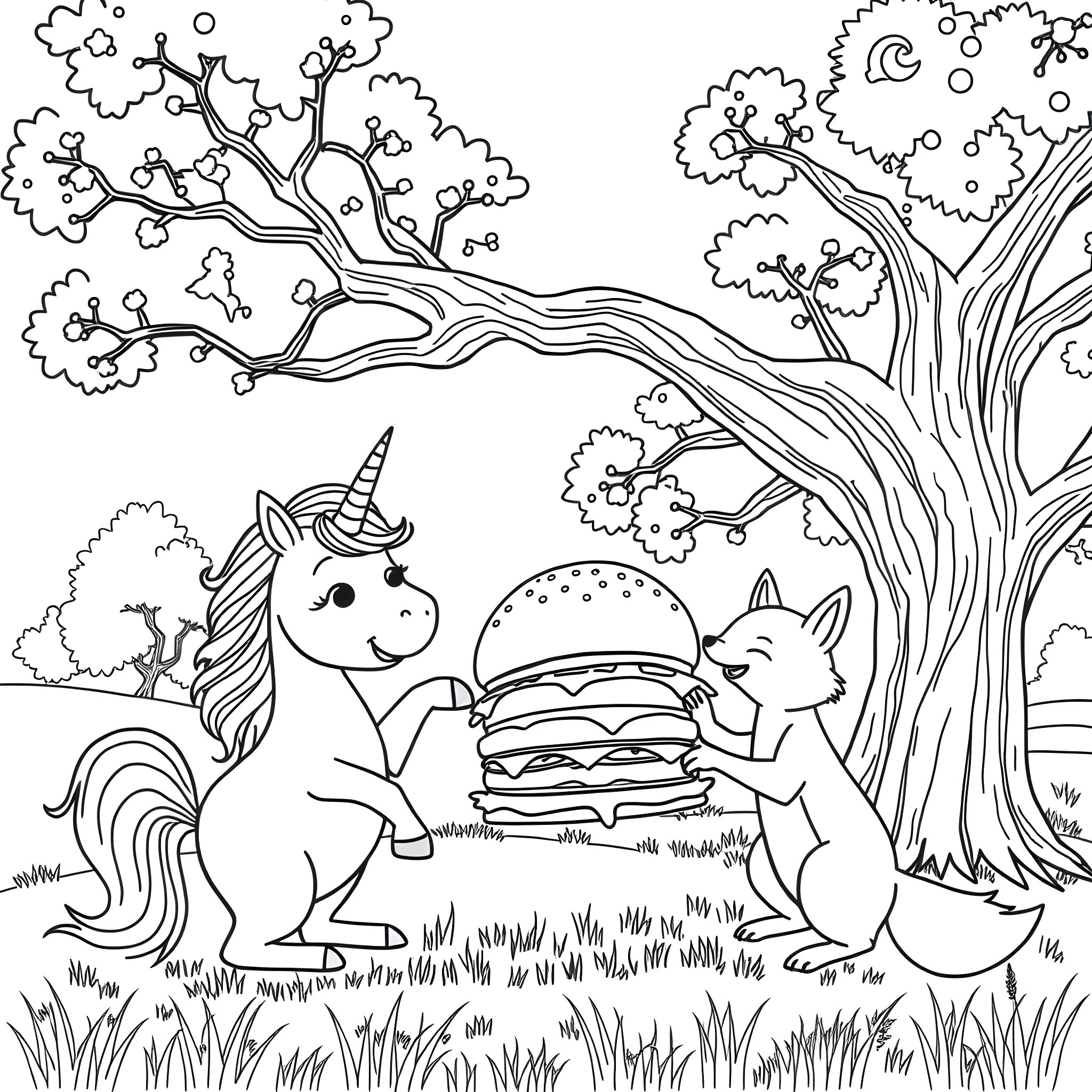 Unicorn Sharing Magical Treats with Forest Friends Coloring Page (free black-and-white line drawing printable PDF for all, from beginners to advanced learners, including children, teens, adults, and seniors)
