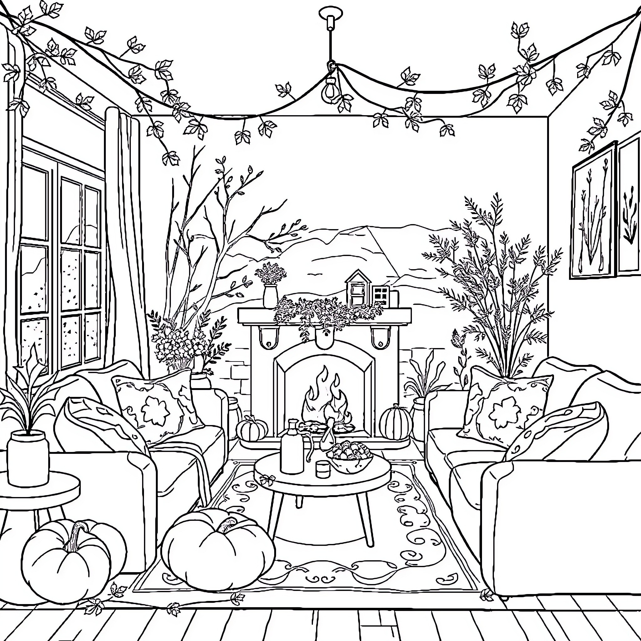 Living Room with Cozy Autumn Decor Coloring Page (free black-and-white line drawing printable PDF for all, from beginners to advanced learners, including children, teens, adults, and seniors)