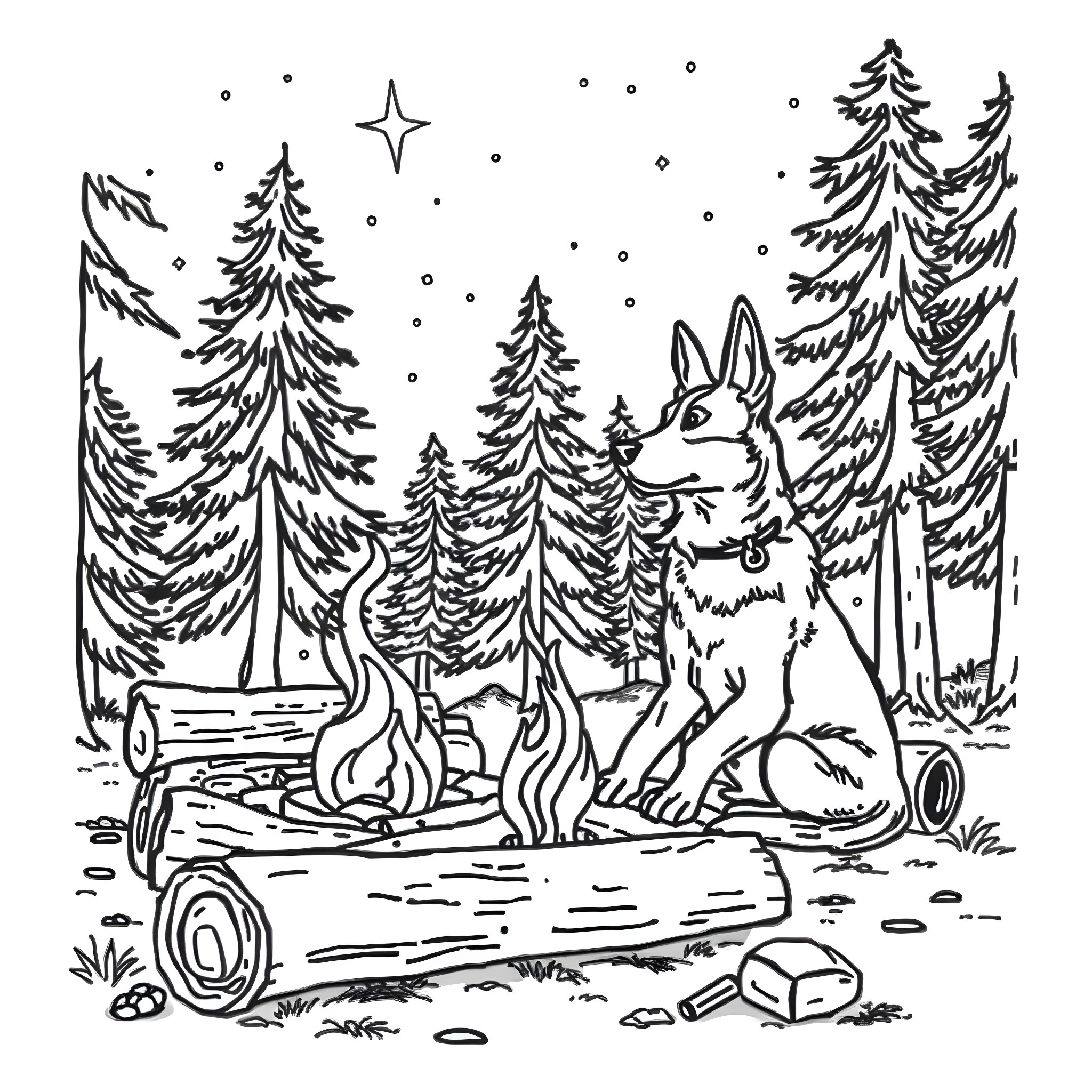 Heeler resting by a campfire in the snowy forest Coloring Page (free black-and-white line drawing printable PDF for all, from beginners to advanced learners, including children, teens, adults, and seniors)