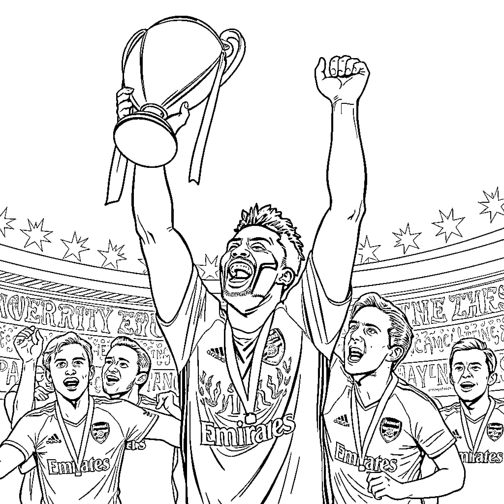 Arsenal players celebrating victory on the pitch Coloring Page (free black-and-white line drawing printable PDF for all, from beginners to advanced learners, including children, teens, adults, and seniors)