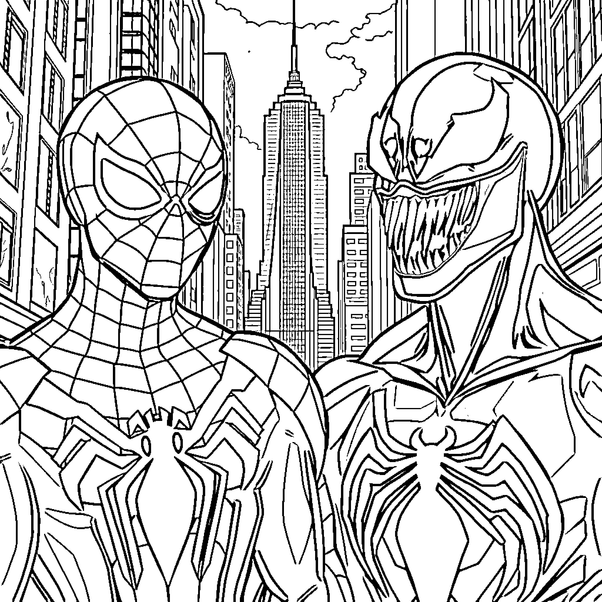 Spiderman confronts sinister foe in New York skyline Coloring Page (free black-and-white line drawing printable PDF for all, from beginners to advanced learners, including children, teens, adults, and seniors)