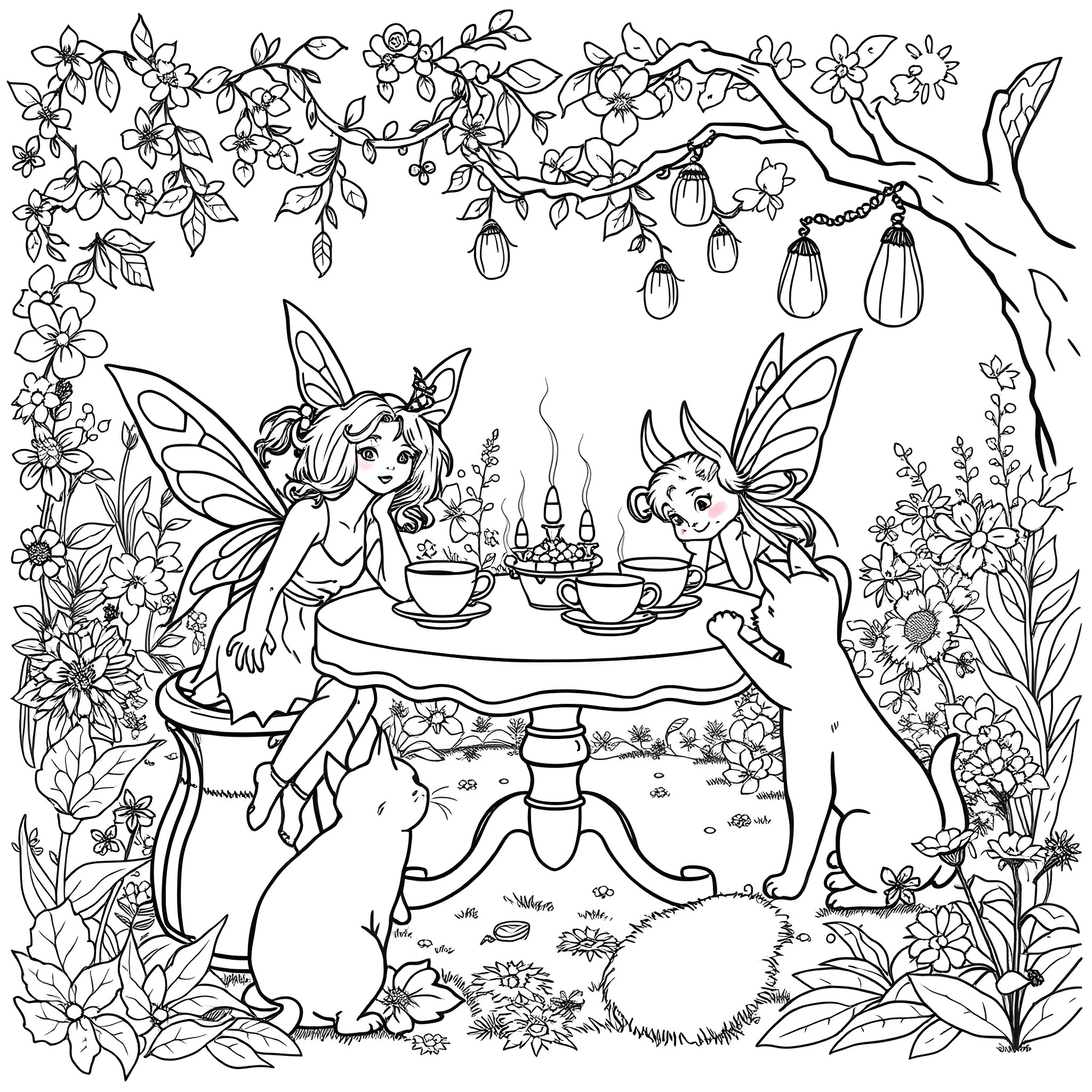 Fairy tea party amidst a whimsical garden Coloring Page (free black-and-white line drawing printable PDF for all, from beginners to advanced learners, including children, teens, adults, and seniors)