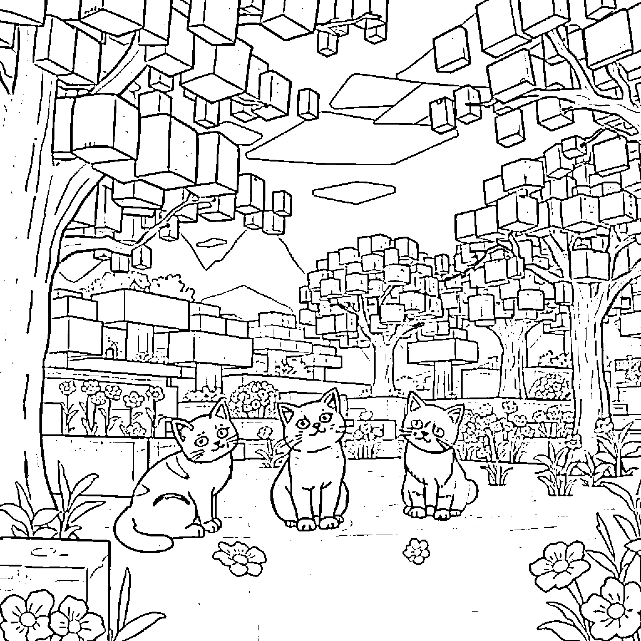 Cats in an Artistic Landscape Coloring Page (free black-and-white line drawing printable PDF for all, from beginners to advanced learners, including children, teens, adults, and seniors)