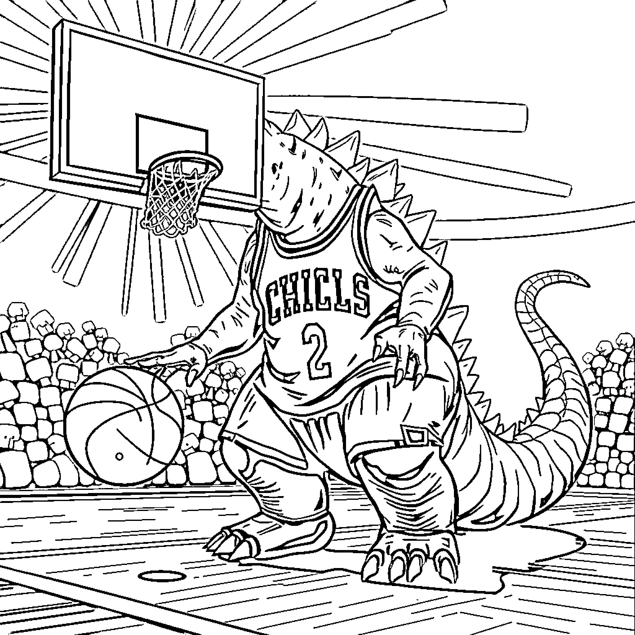 Godzilla Playing Basketball in the Park Coloring Page (free black-and-white line drawing printable PDF for all, from beginners to advanced learners, including children, teens, adults, and seniors)