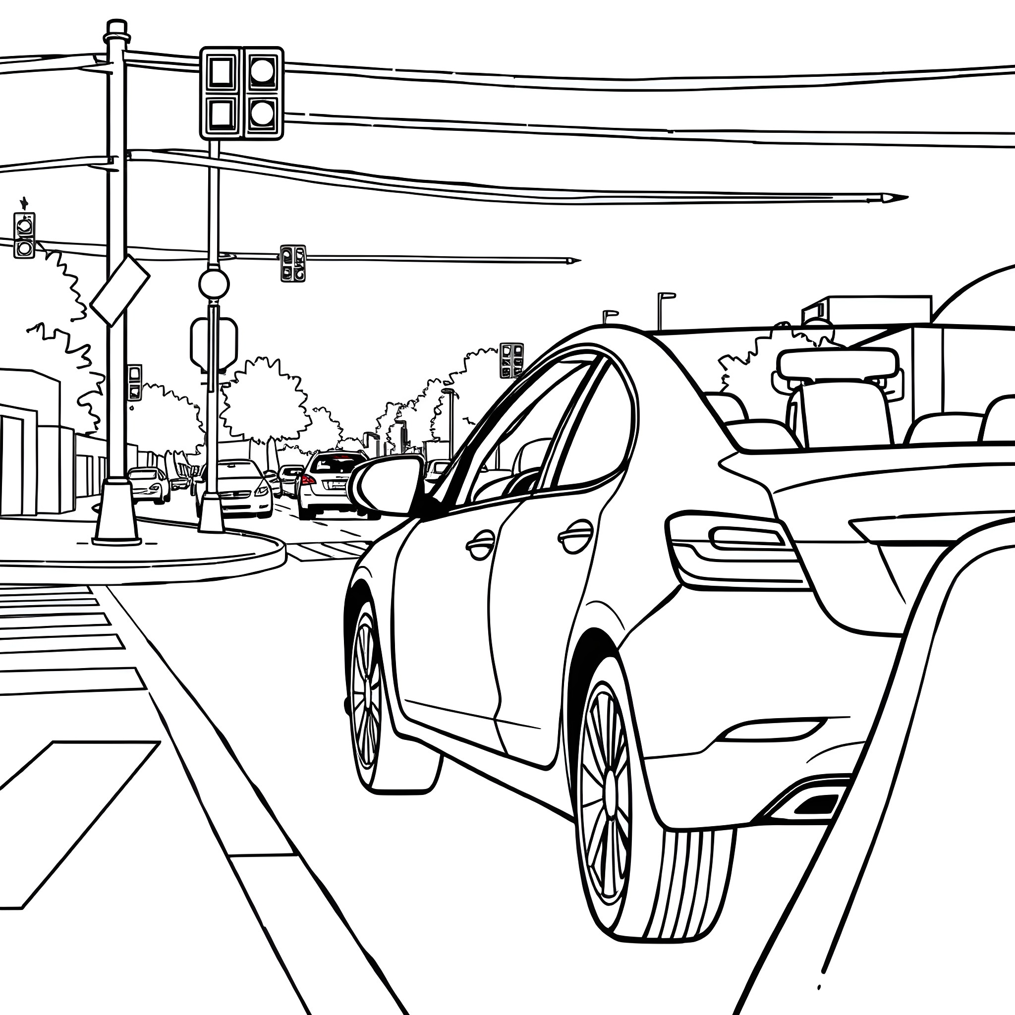 Car stopped at a city traffic light Coloring Page (free black-and-white line drawing printable PDF for all, from beginners to advanced learners, including children, teens, adults, and seniors)