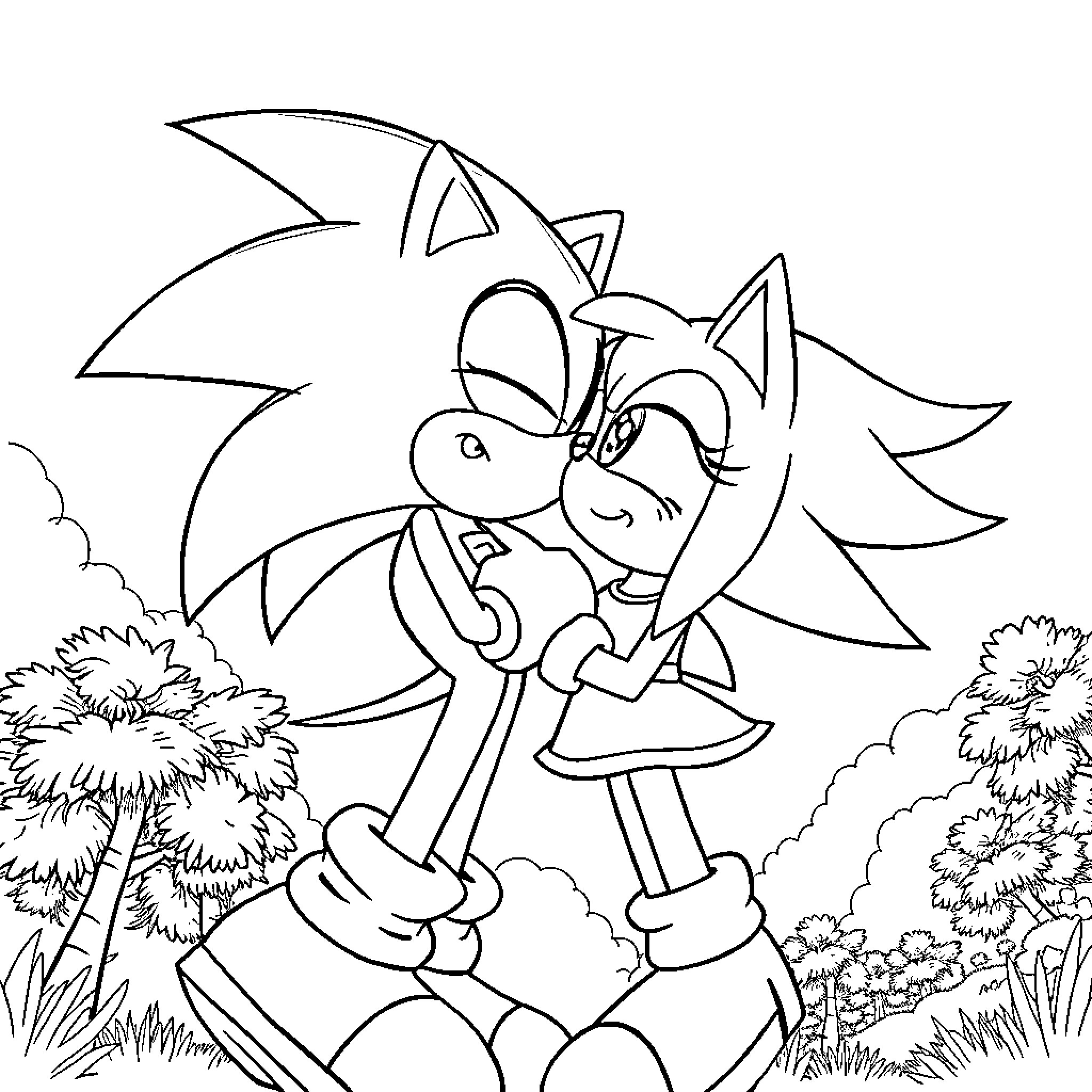 Sonic and friend exploring the outdoors Coloring Page (free black-and-white line drawing printable PDF for all, from beginners to advanced learners, including children, teens, adults, and seniors)