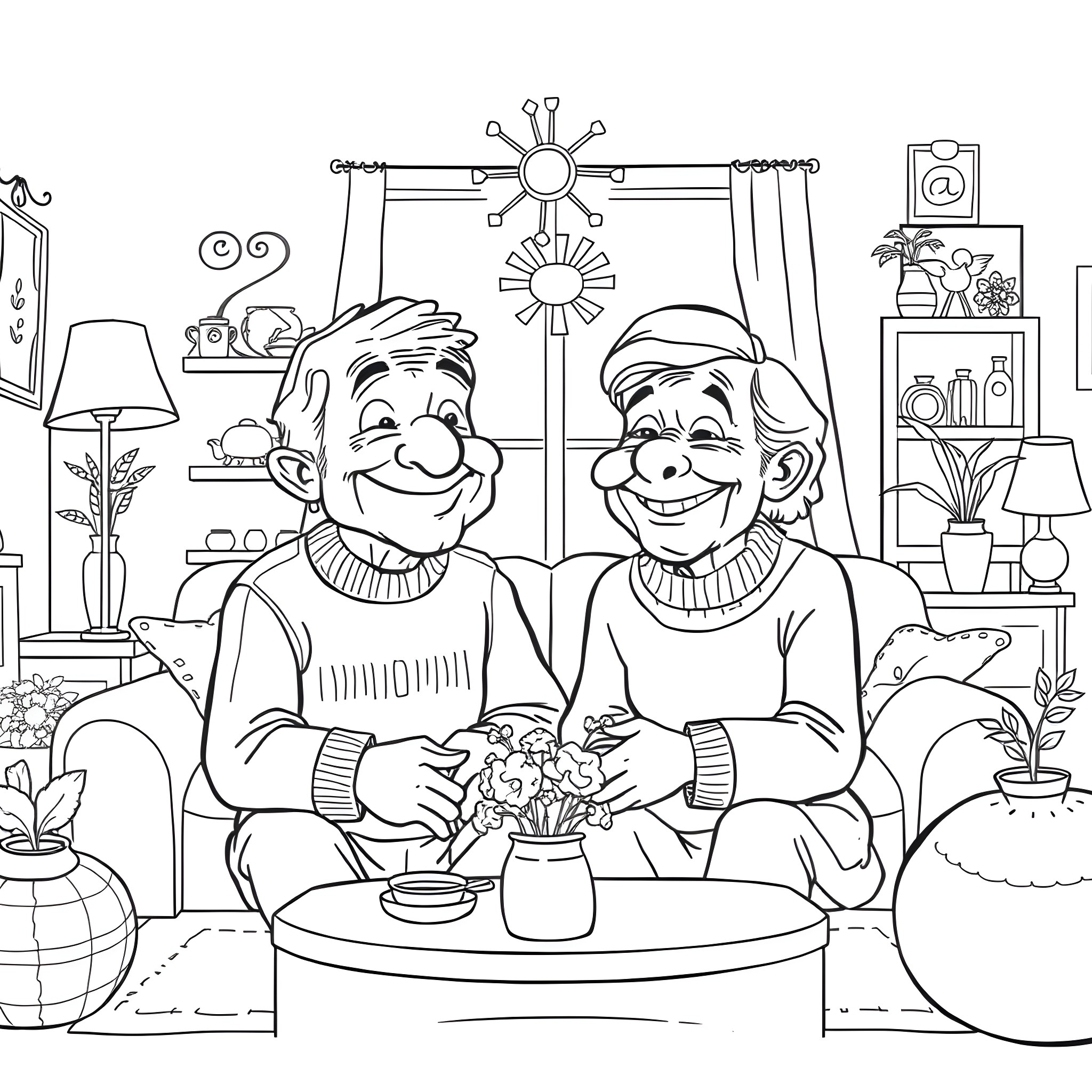 Couple sharing a happy moment in their home Coloring Page (free black-and-white line drawing printable PDF for all, from beginners to advanced learners, including children, teens, adults, and seniors)