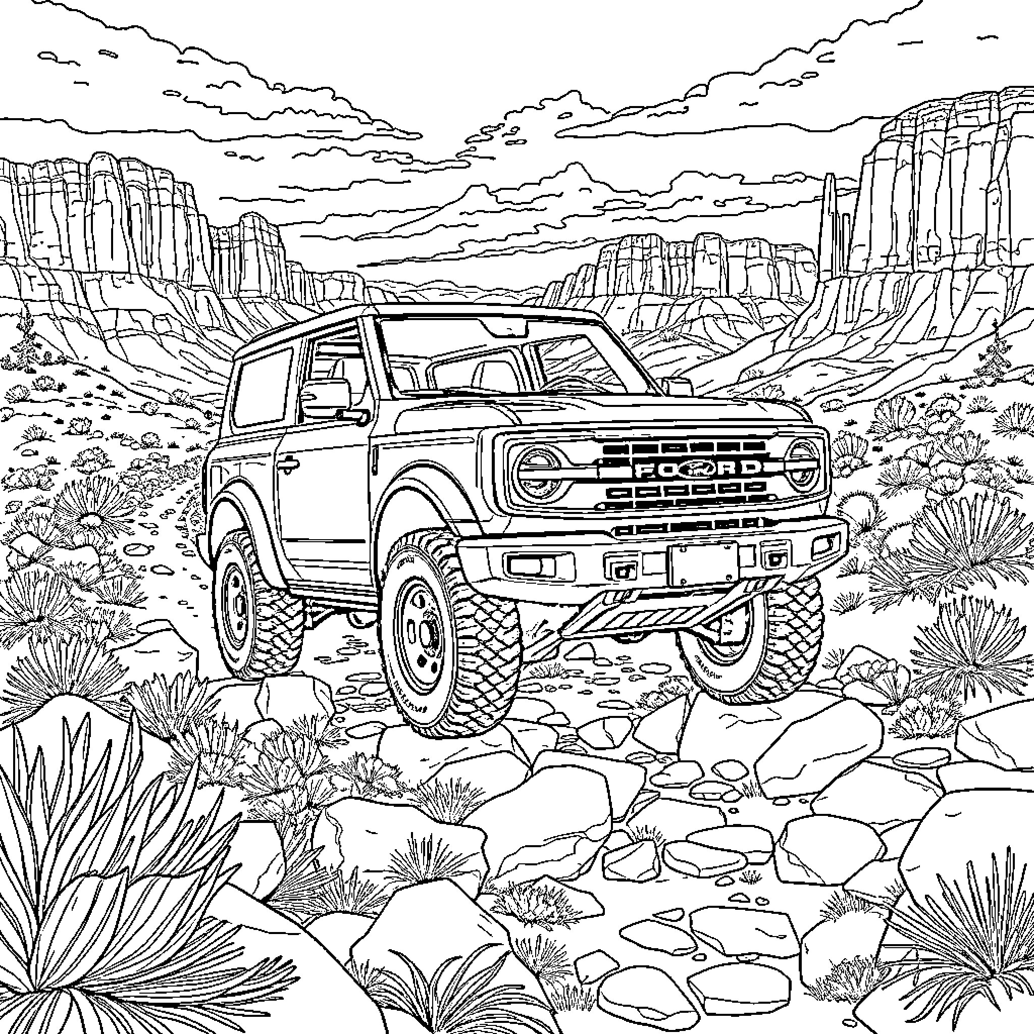 Ford Bronco off-roading in rugged desert landscape Coloring Page (free black-and-white line drawing printable PDF for all, from beginners to advanced learners, including children, teens, adults, and seniors)