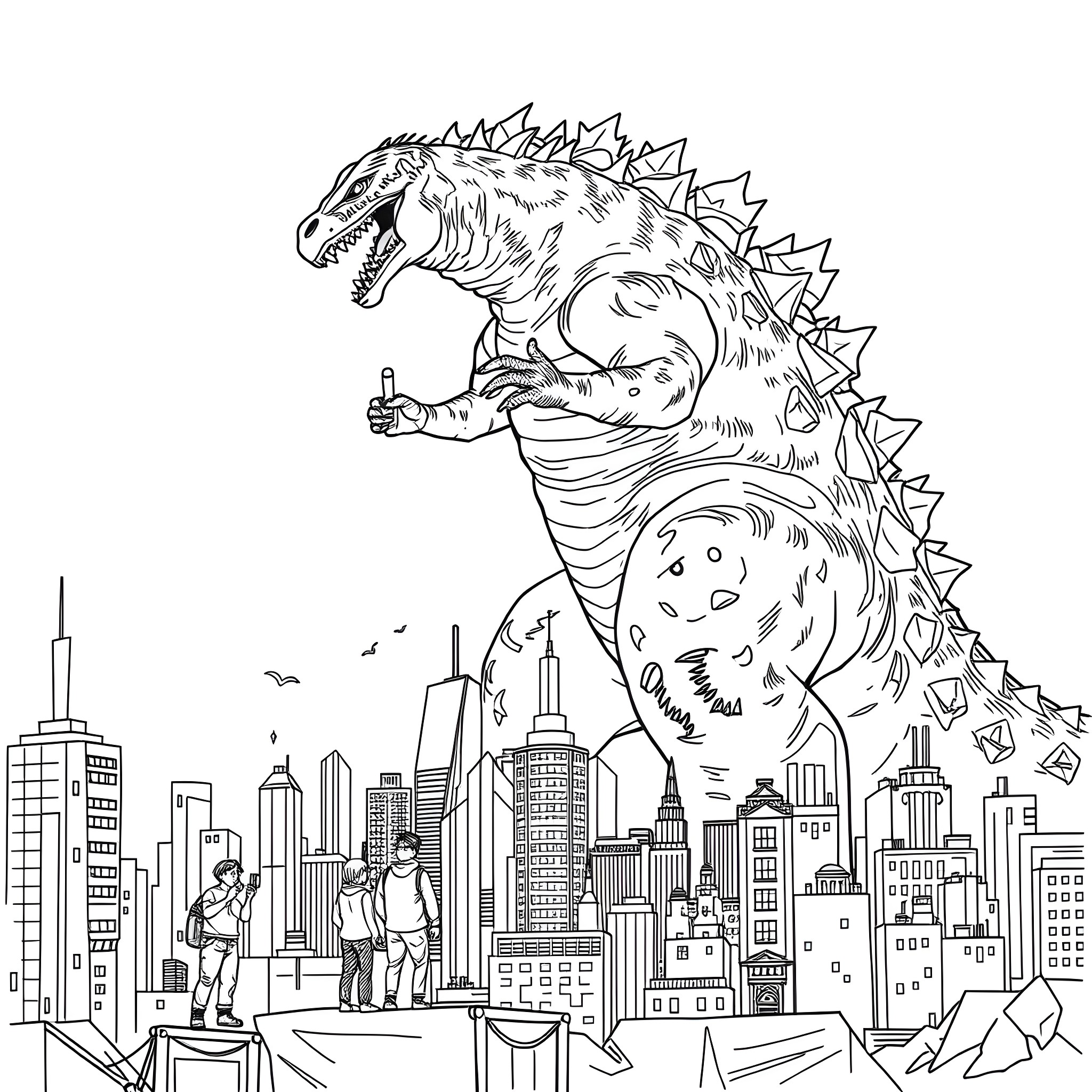 Godzilla trampling through the city skyline Coloring Page (free black-and-white line drawing printable PDF for all, from beginners to advanced learners, including children, teens, adults, and seniors)