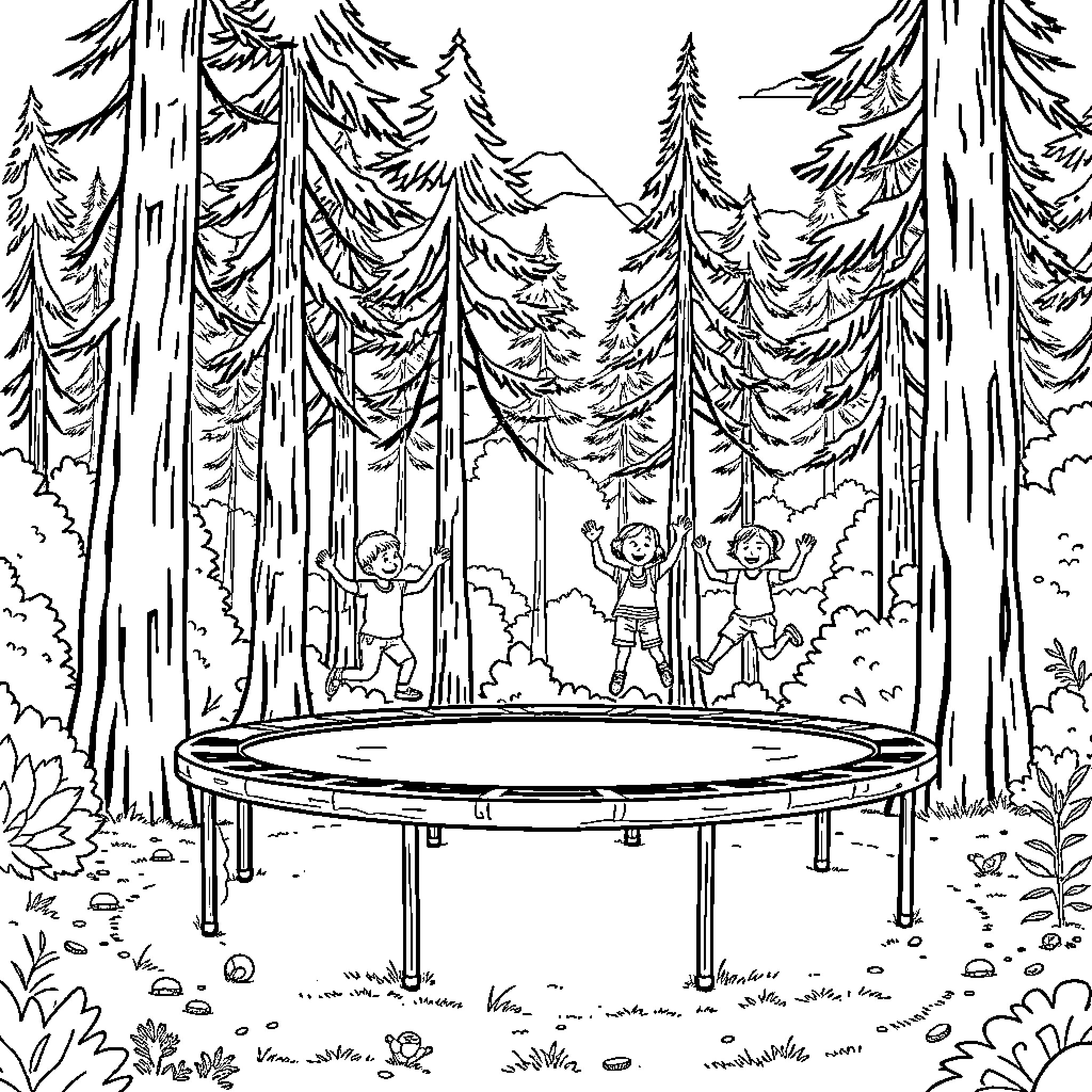 Kids playing on a trampoline in the forest Coloring Page (free black-and-white line drawing printable PDF for all, from beginners to advanced learners, including children, teens, adults, and seniors)