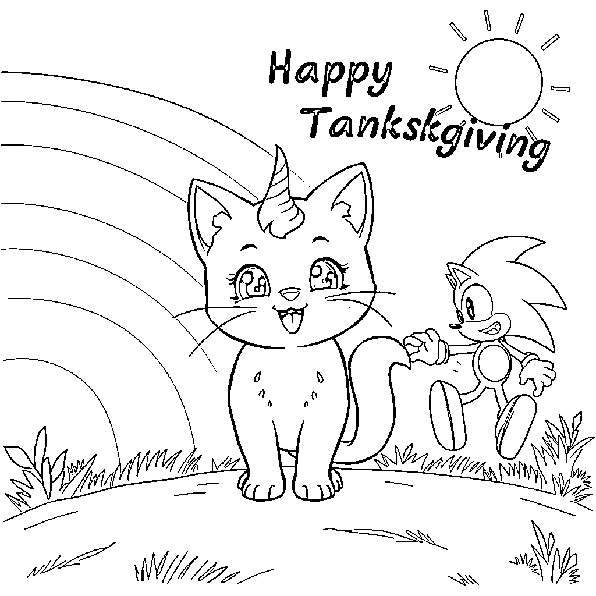 Unikitty and Sonic Celebrate Thanksgiving Coloring Page (free black-and-white line drawing printable PDF for all, from beginners to advanced learners, including children, teens, adults, and seniors)