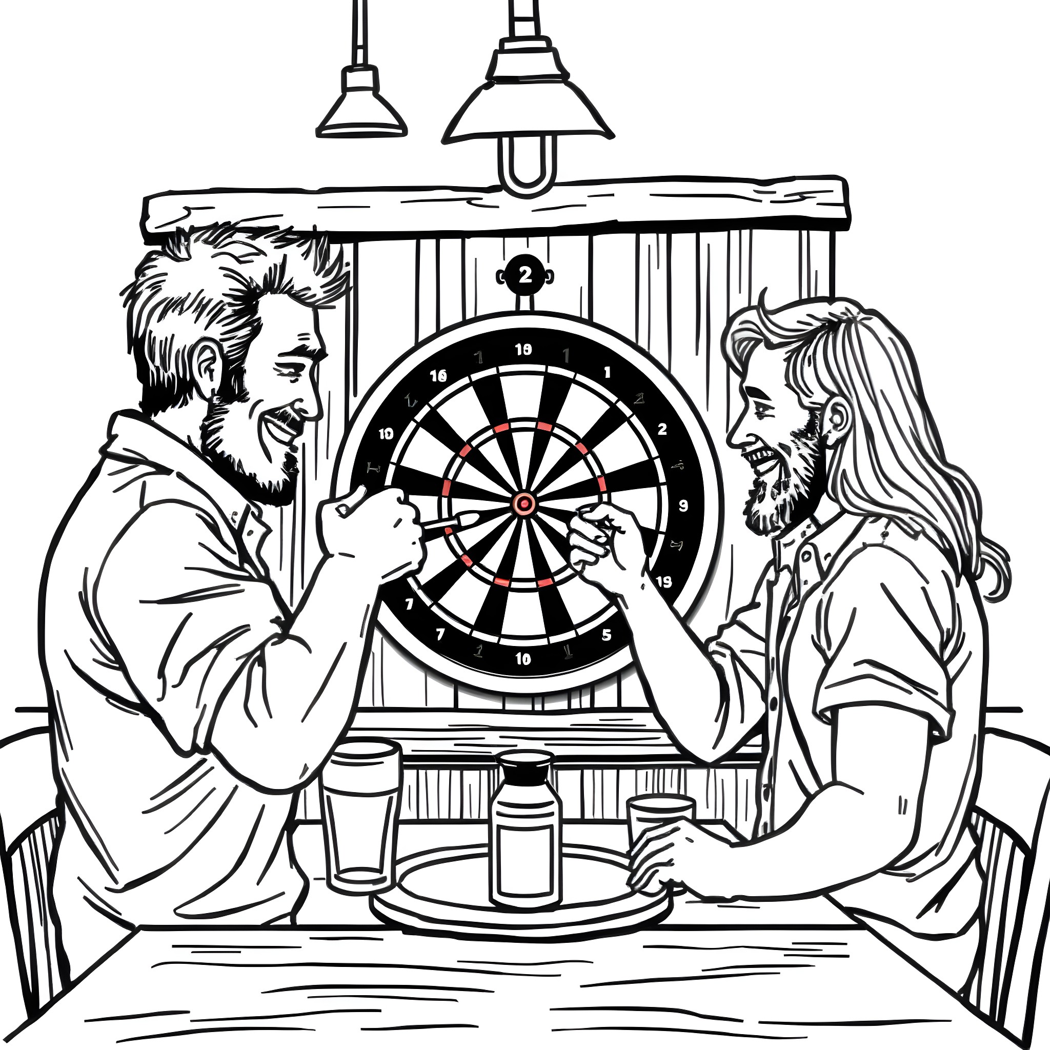 Skim Two men playing darts indoors Coloring Page (free black-and-white line drawing printable PDF for all, from beginners to advanced learners, including children, teens, adults, and seniors)