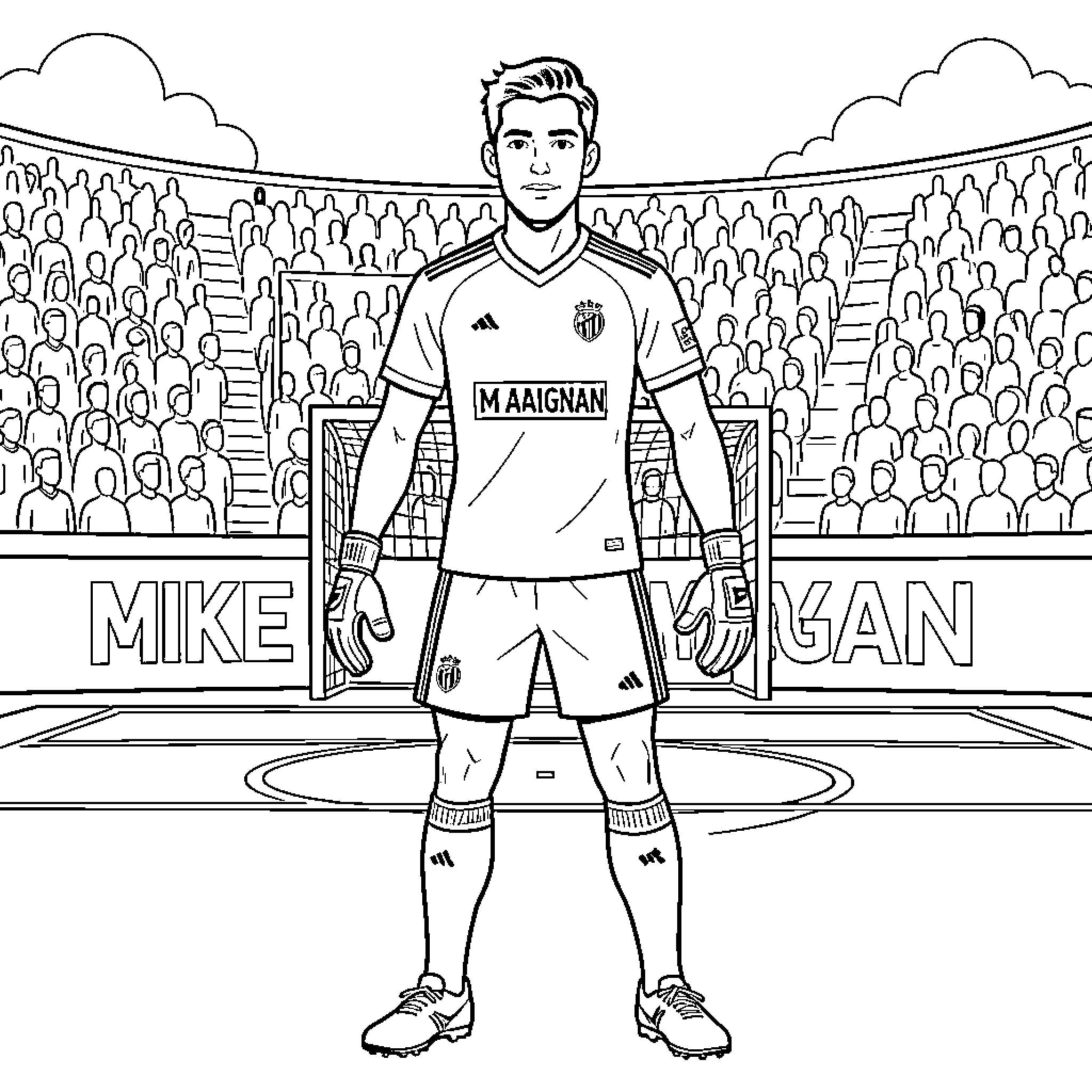 Mike Maignan standing confidently in a soccer stadium Coloring Page (free black-and-white line drawing printable PDF for all, from beginners to advanced learners, including children, teens, adults, and seniors)