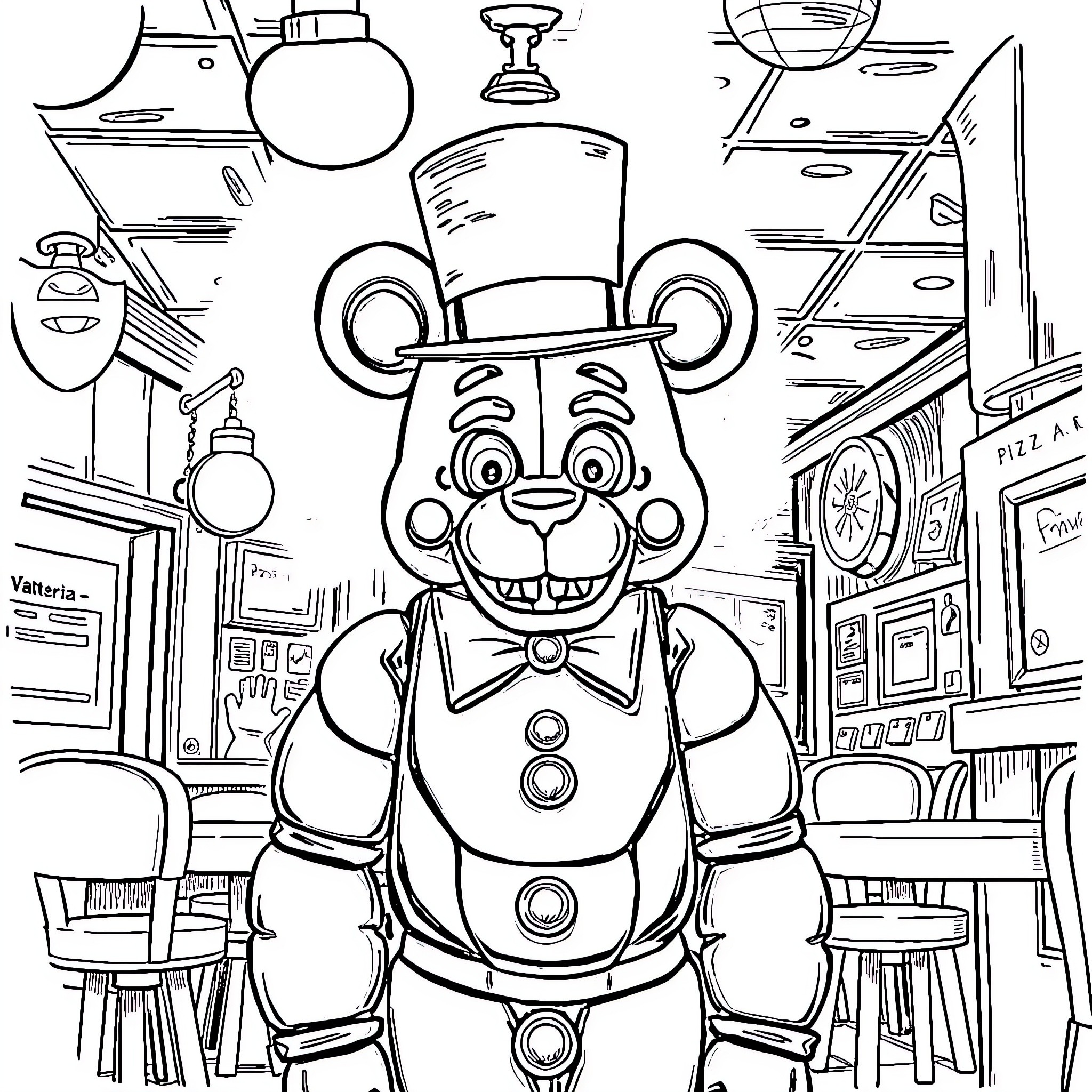 Freddy Fazbear in a lively restaurant scene Coloring Page (free black-and-white line drawing printable PDF for all, from beginners to advanced learners, including children, teens, adults, and seniors)