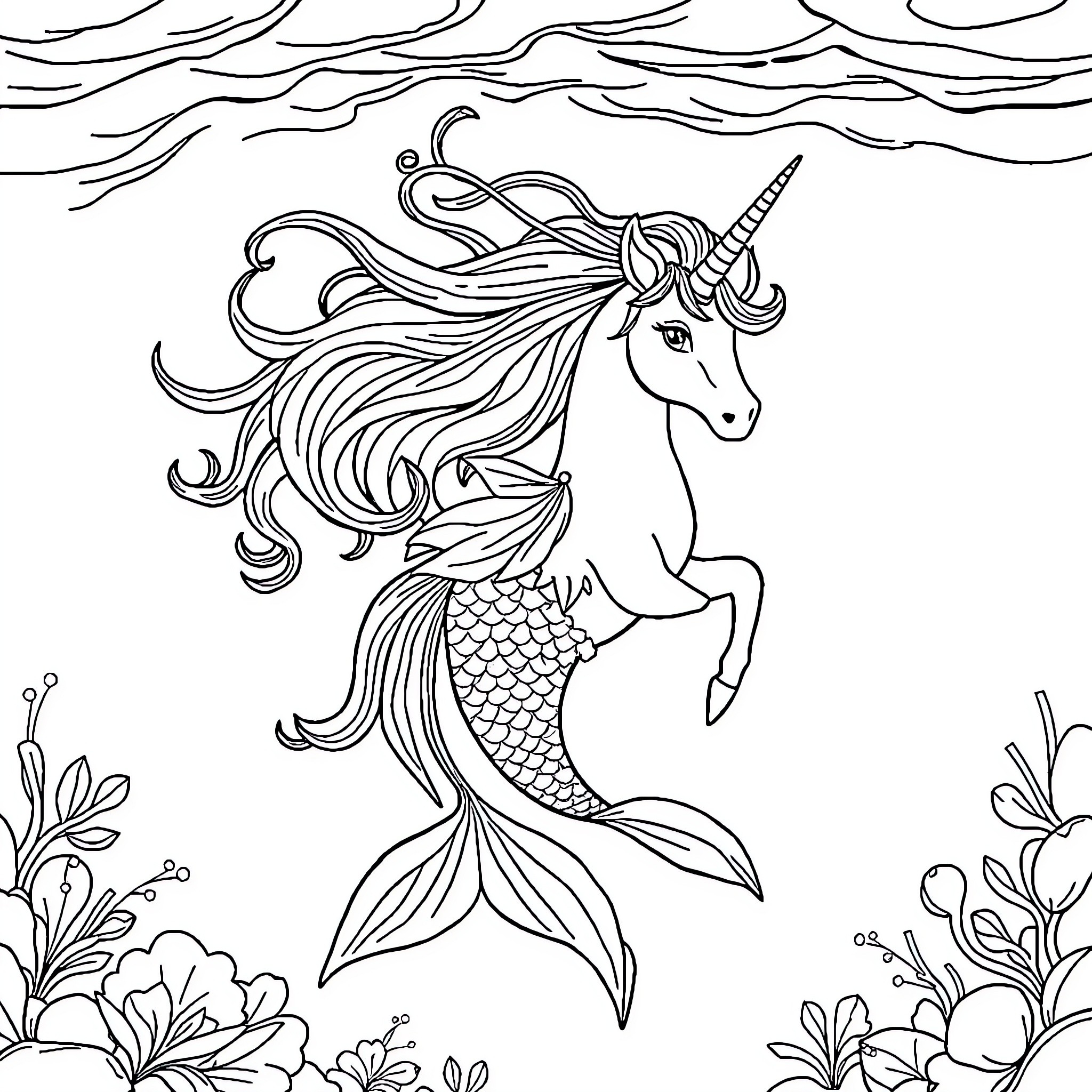 Unicorn mermaid swimming in the ocean Coloring Page (free black-and-white line drawing printable PDF for all, from beginners to advanced learners, including children, teens, adults, and seniors)