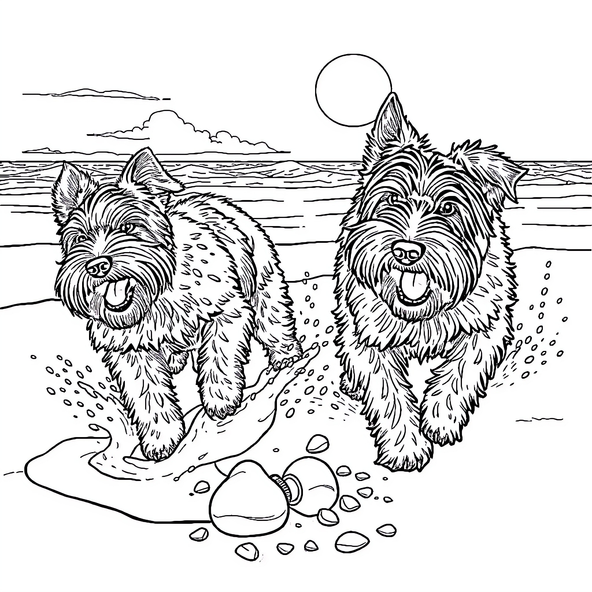 Wheaton Terriers playing joyfully on the beach Coloring Page (free black-and-white line drawing printable PDF for all, from beginners to advanced learners, including children, teens, adults, and seniors)