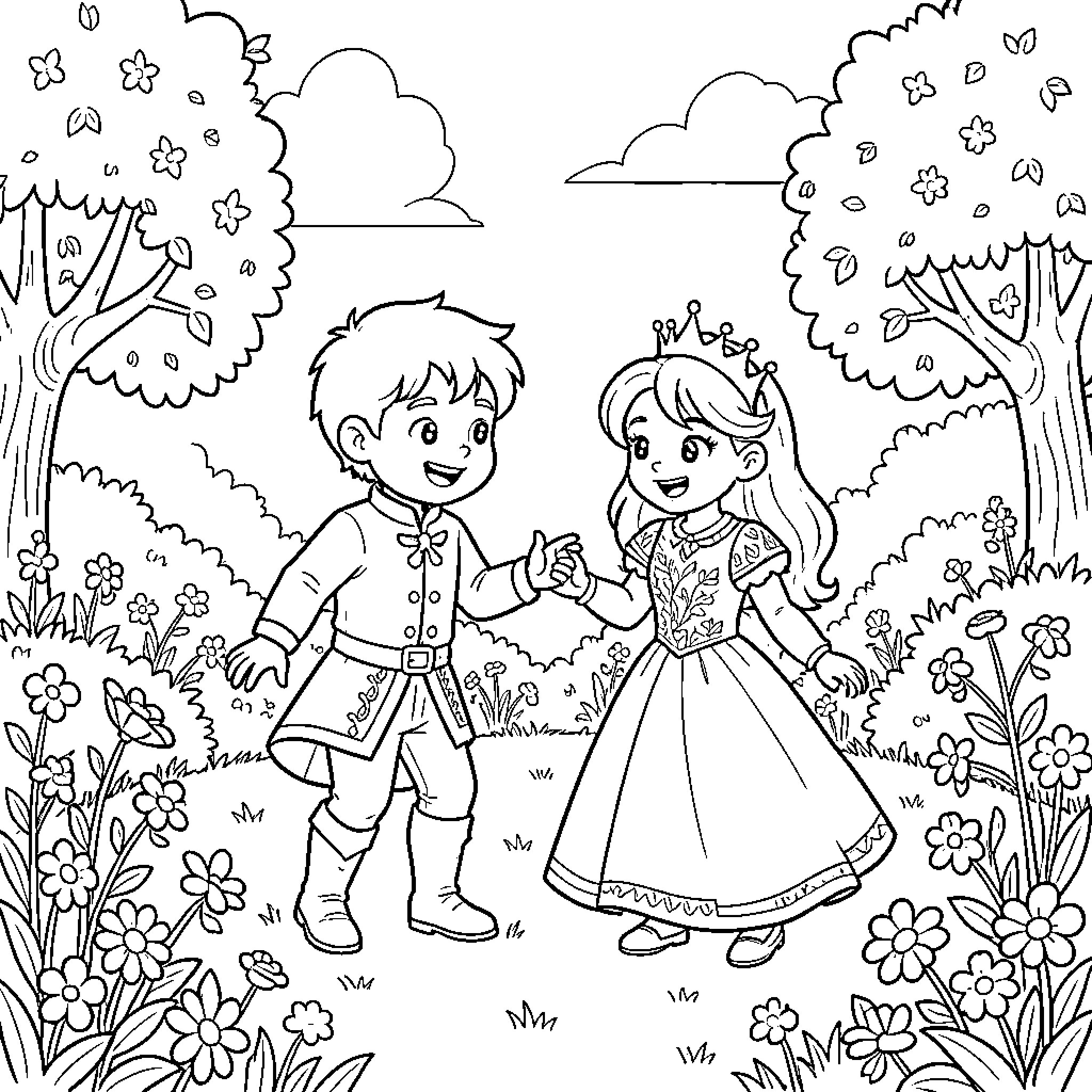 Prince and Princess Exploring the Enchanted Forest Coloring Page (free black-and-white line drawing printable PDF for all, from beginners to advanced learners, including children, teens, adults, and seniors)