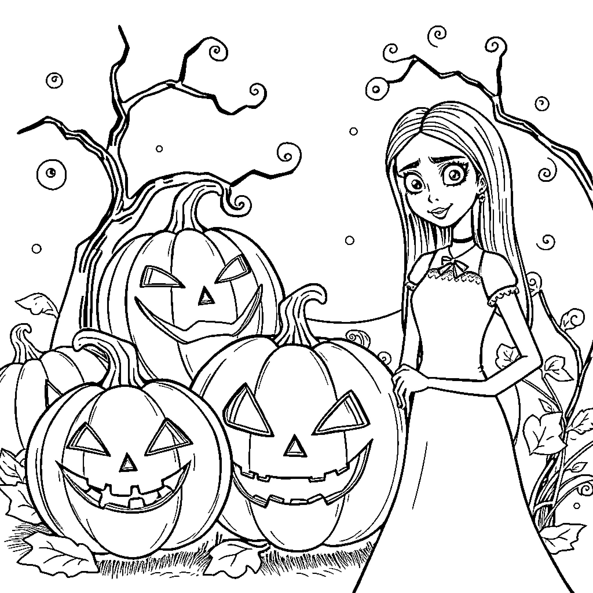 Pumpkin Patch Celebration with Girl in Costume Coloring Page (free black-and-white line drawing printable PDF for all, from beginners to advanced learners, including children, teens, adults, and seniors)