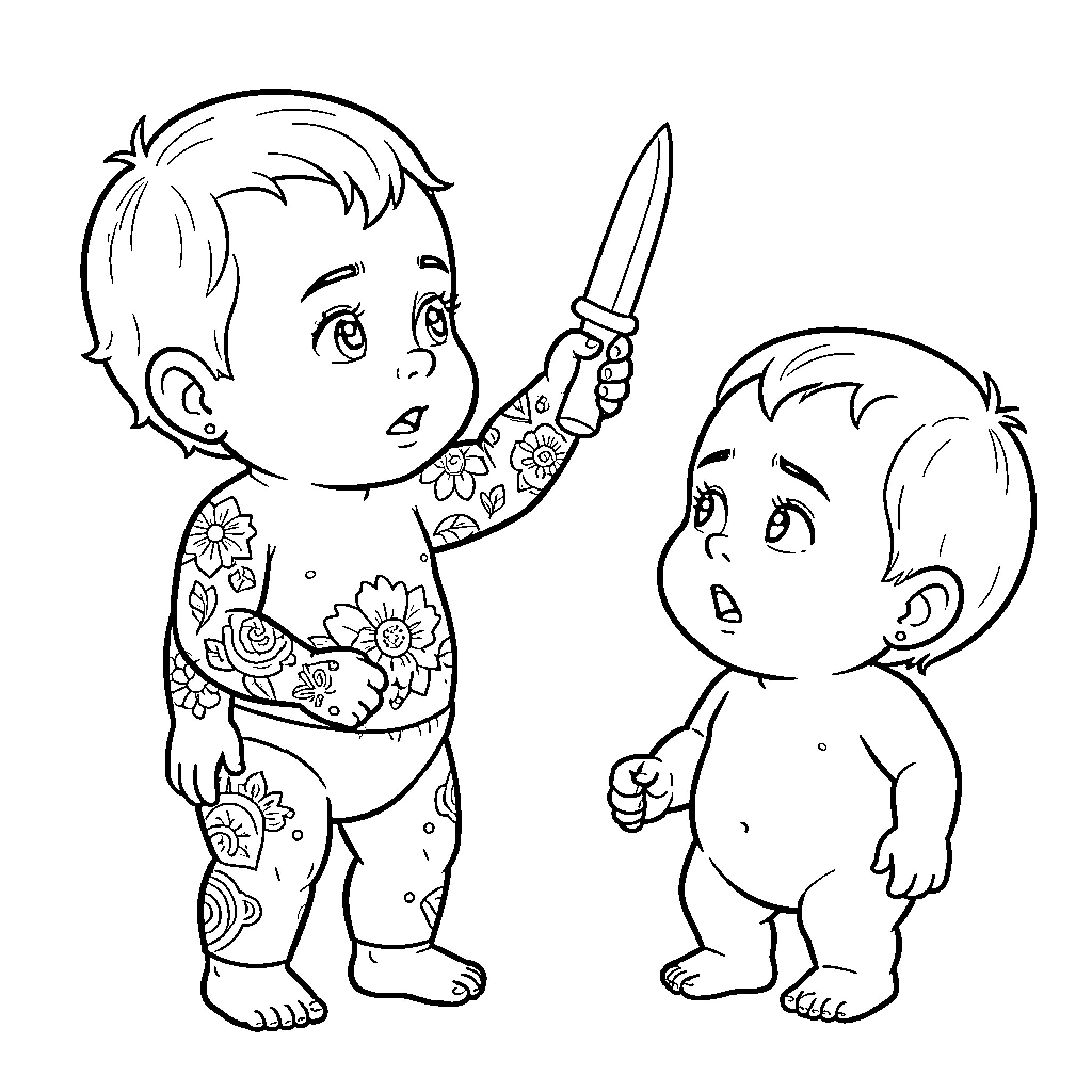 Bebe siblings playing with toy knife Coloring Page (free black-and-white line drawing printable PDF for all, from beginners to advanced learners, including children, teens, adults, and seniors)