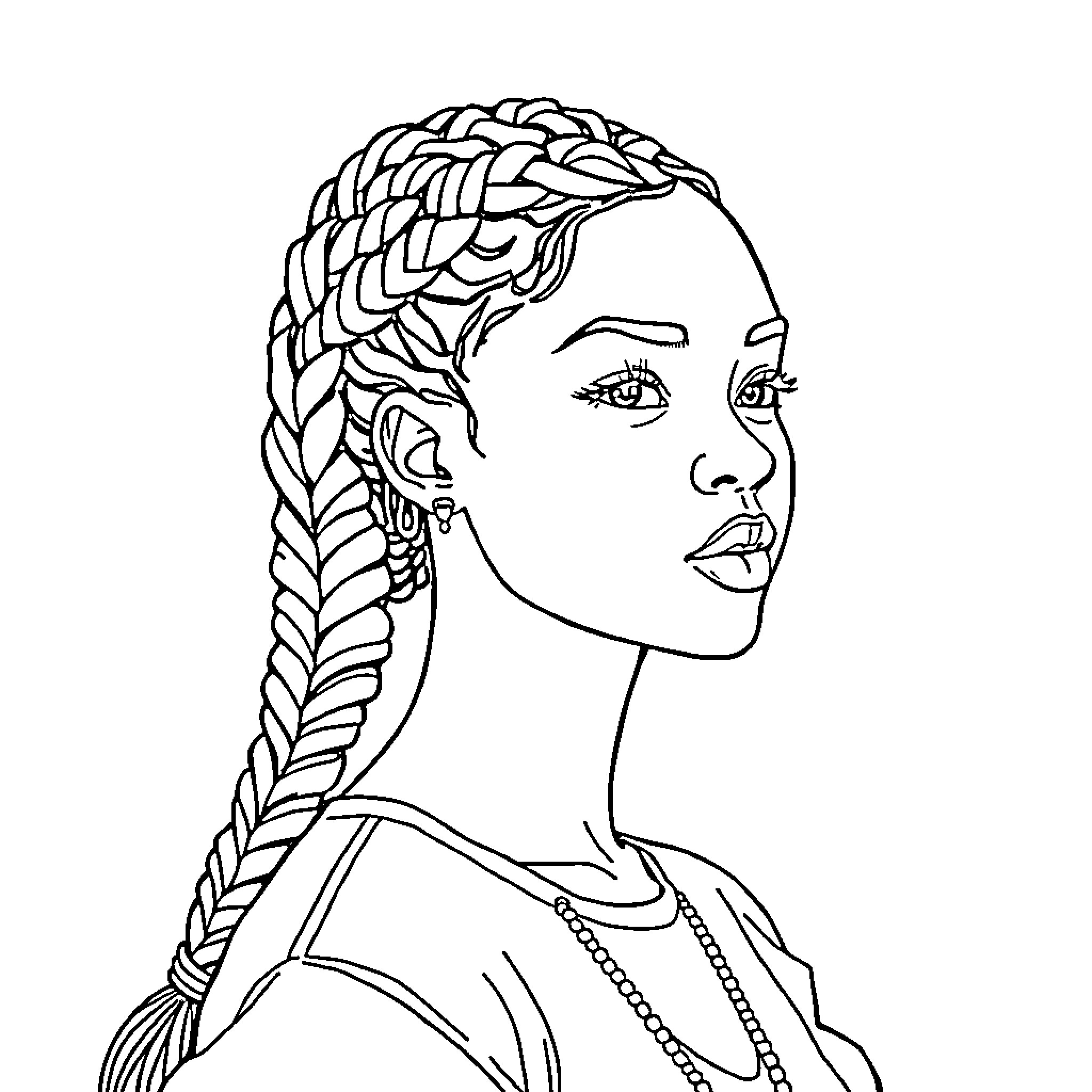 Girl with Intricate Braided Hairstyle Coloring Page (free black-and-white line drawing printable PDF for all, from beginners to advanced learners, including children, teens, adults, and seniors)