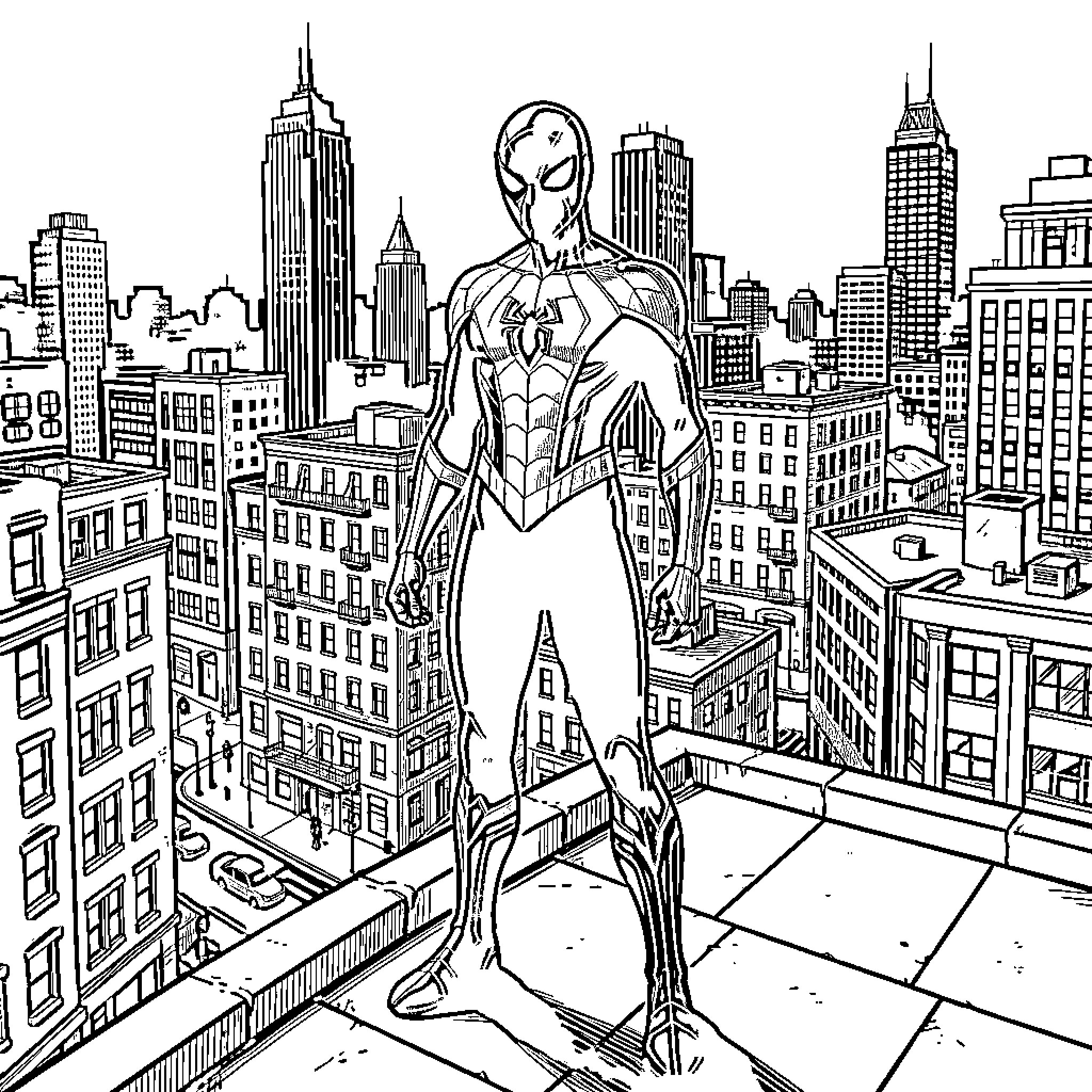 Spider-noir standing heroically atop a city skyscraper Coloring Page (free black-and-white line drawing printable PDF for all, from beginners to advanced learners, including children, teens, adults, and seniors)