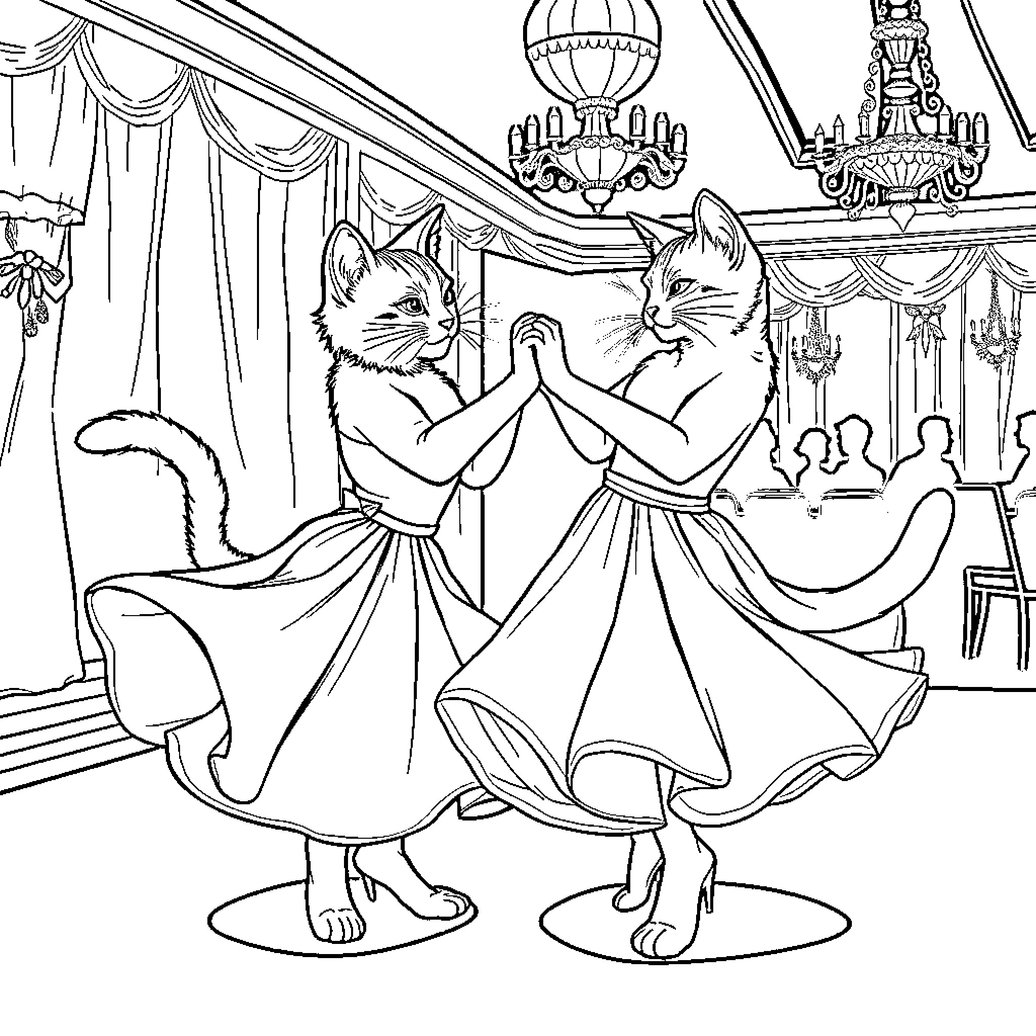 Cats dancing elegantly in a grand ballroom Coloring Page (free black-and-white line drawing printable PDF for all, from beginners to advanced learners, including children, teens, adults, and seniors)